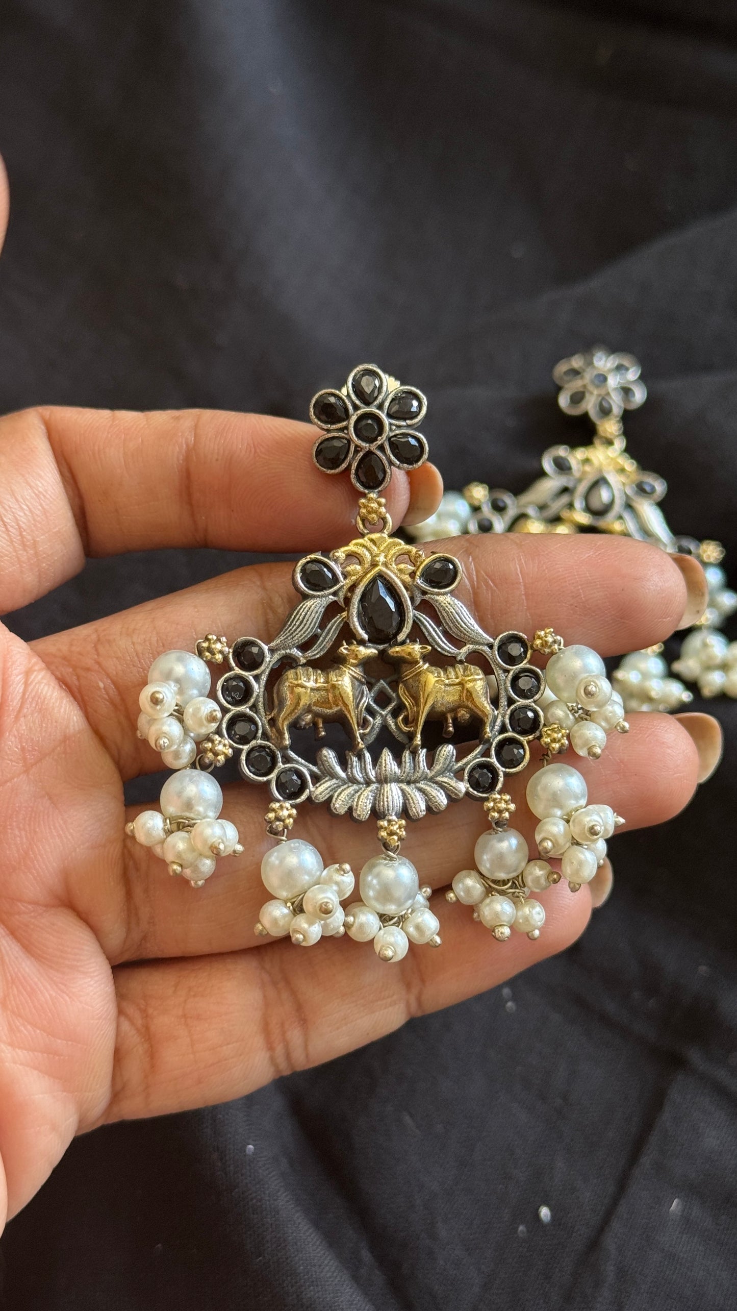 Double Tone Danglers - Silver & gold - black with pearl hangings