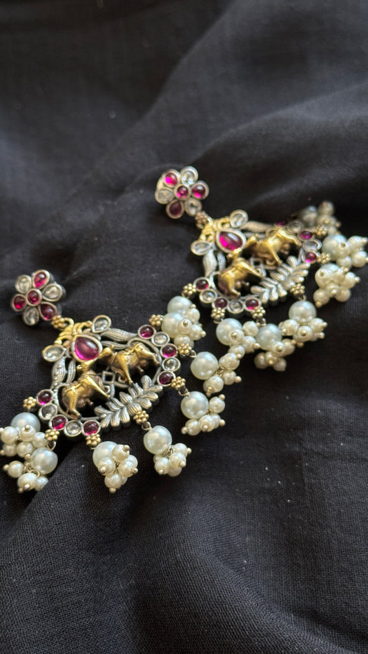 Double Tone Danglers - Silver & gold - dark pink with pearl hangings