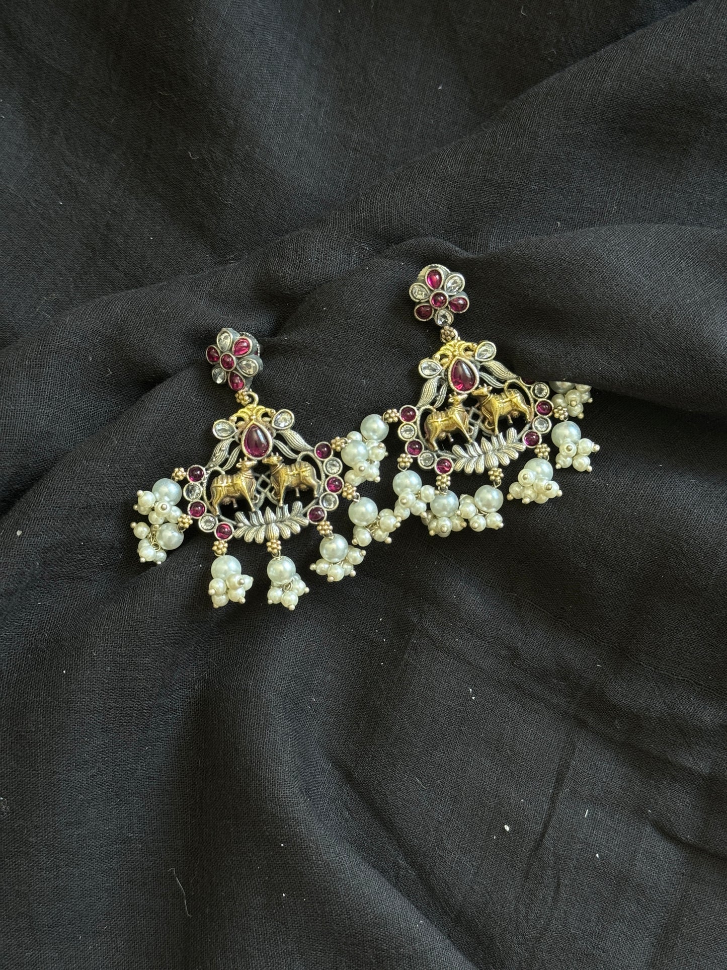 Double Tone Danglers - Silver & gold - dark pink with pearl hangings