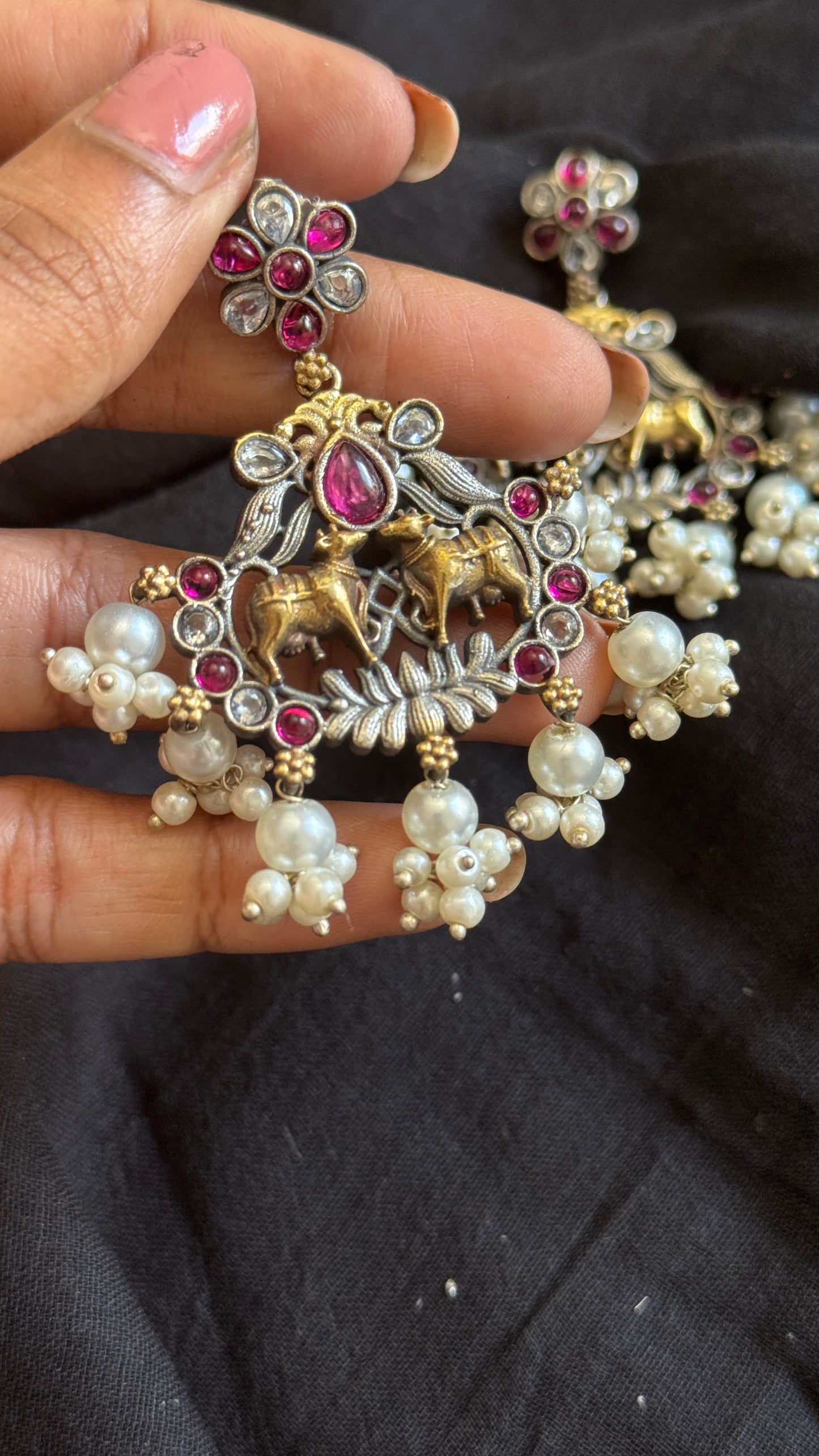 Double Tone Danglers - Silver & gold - dark pink with pearl hangings