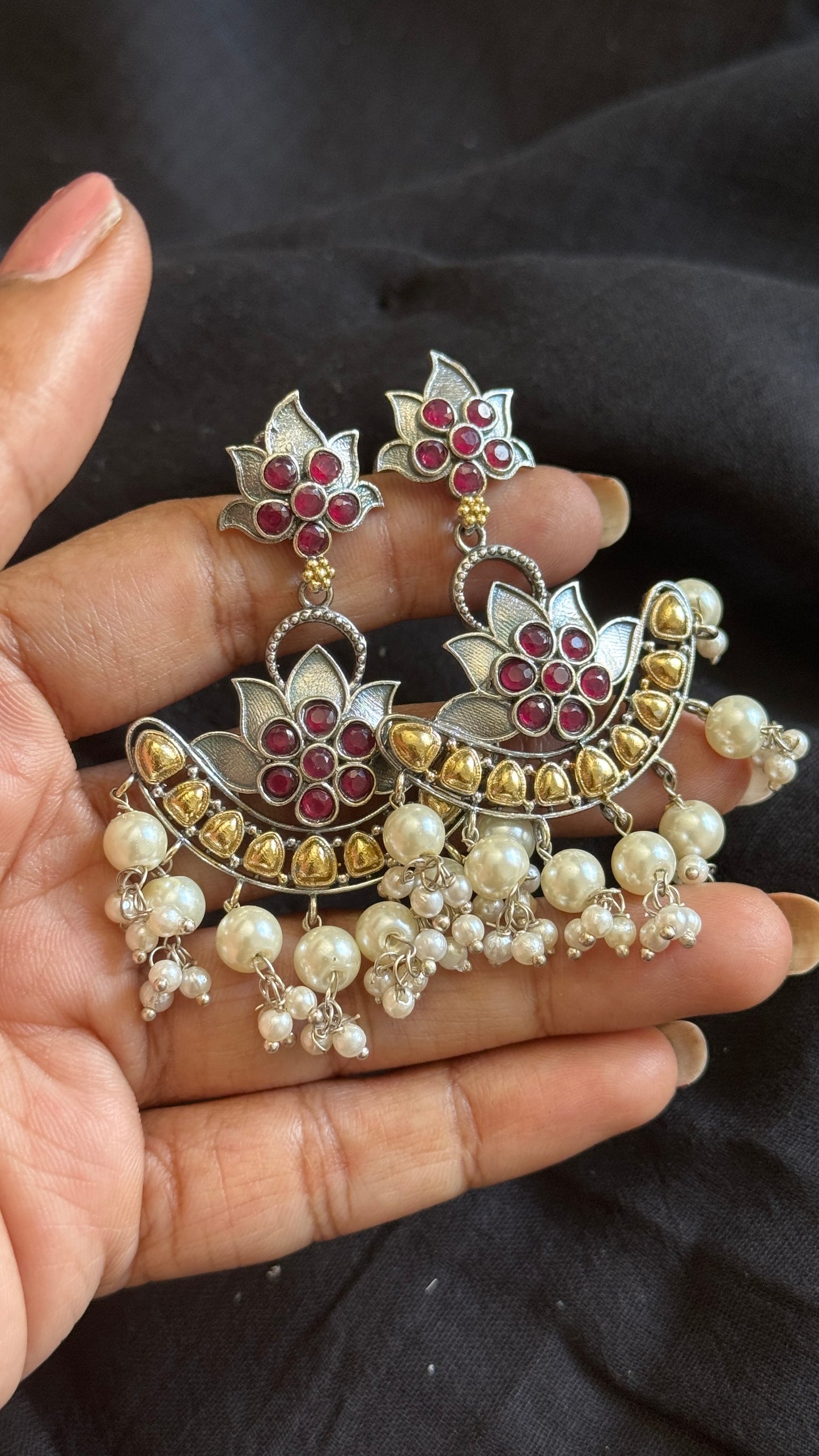 Double Tone Danglers - Silver & gold - dark pink with pearl hangings