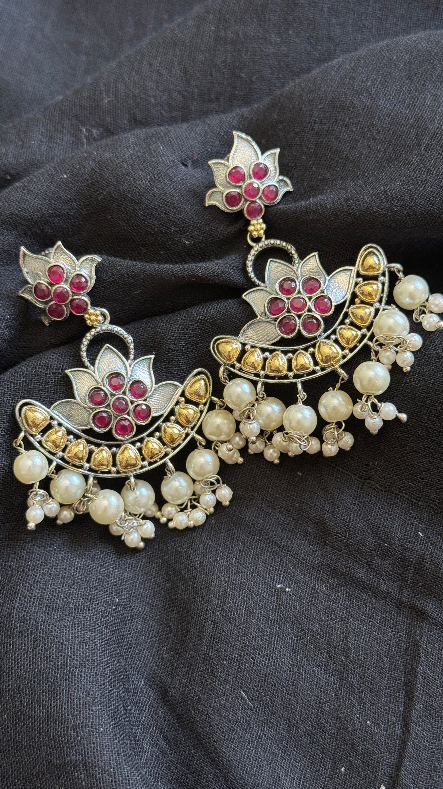 Double Tone Danglers - Silver & gold - dark pink with pearl hangings