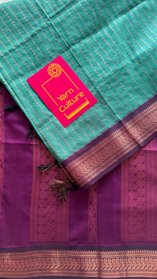 Aqua green with purple, Vaira Oosi pattern -Premium Kalyani Cotton Silk