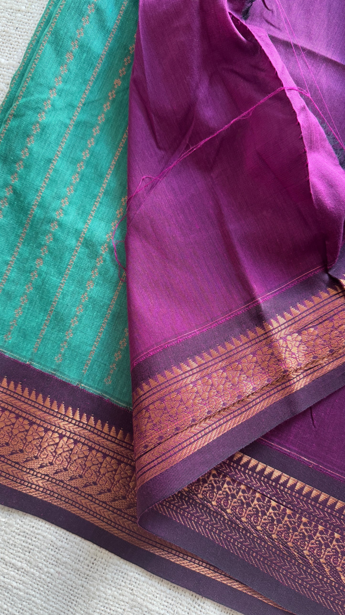 Aqua green with purple, Vaira Oosi pattern -Premium Kalyani Cotton Silk