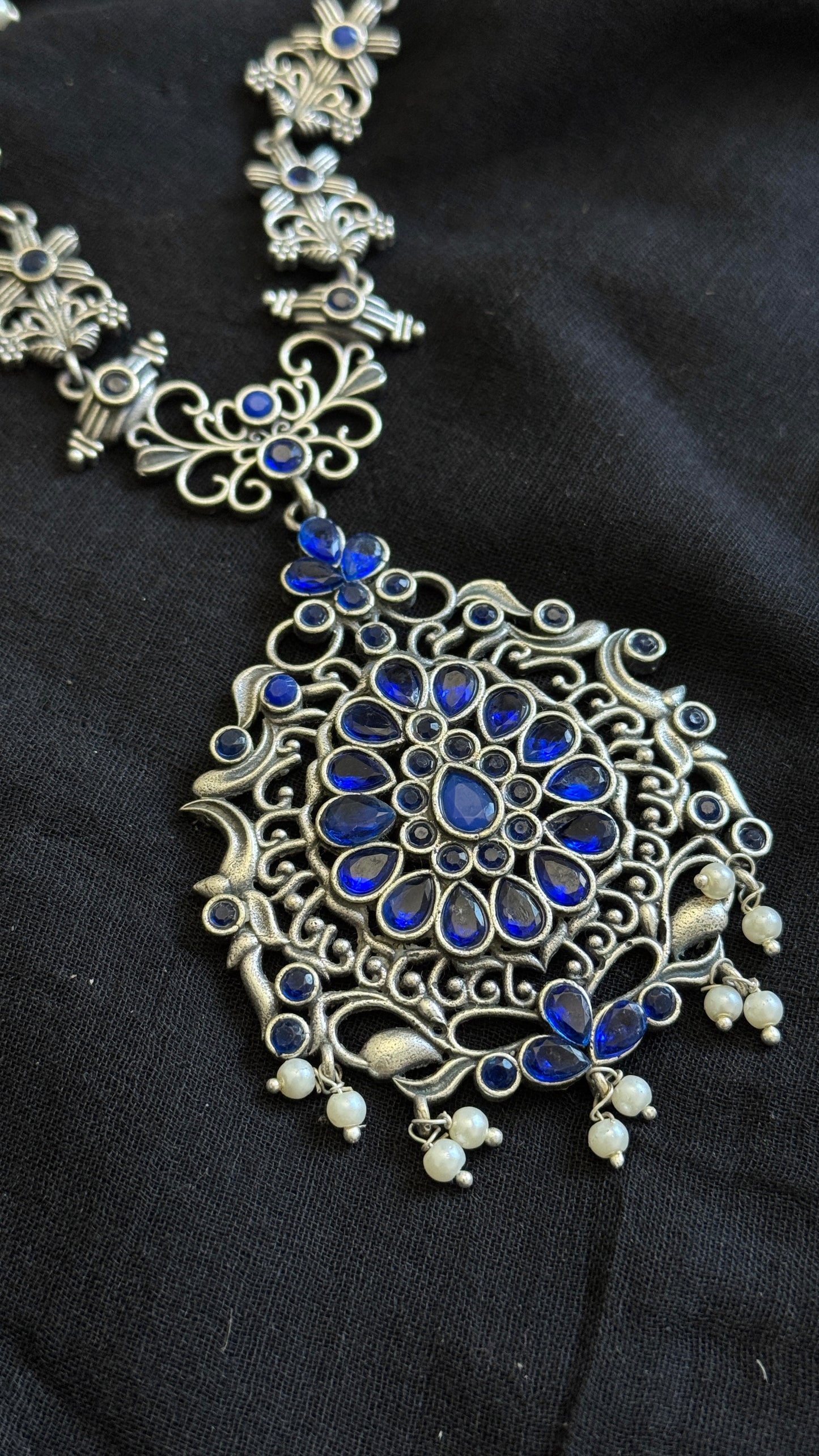 Long haram - silver & blue, with dangler earring