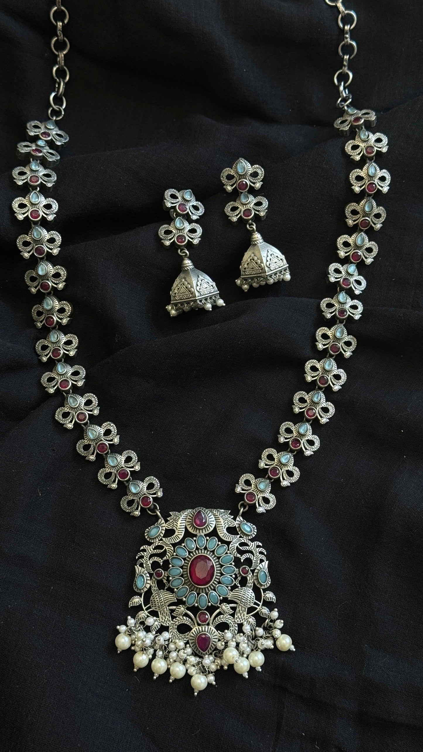 Long haram - turquoise & red with pearls, long jhumka