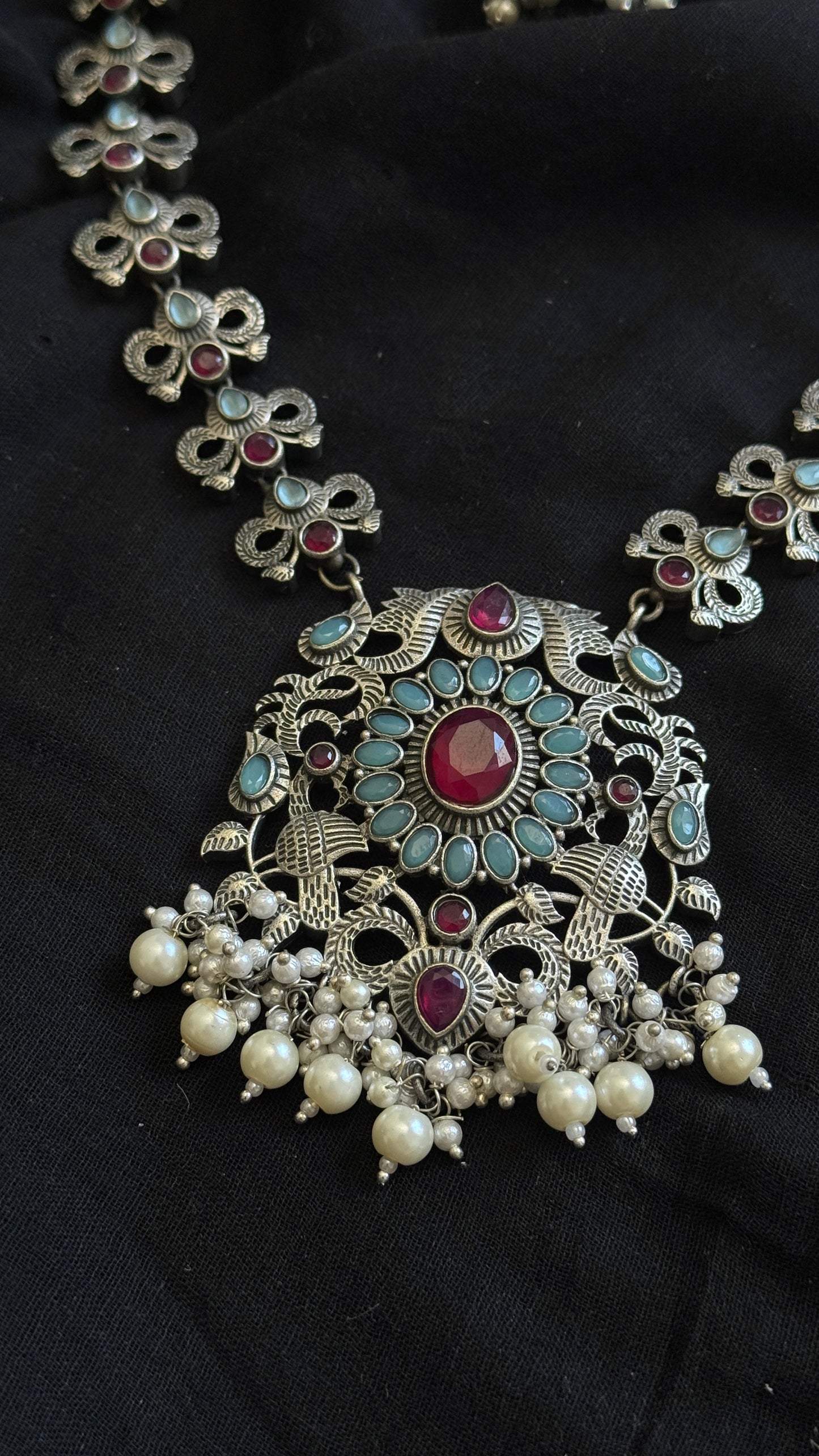 Long haram - turquoise & red with pearls, long jhumka