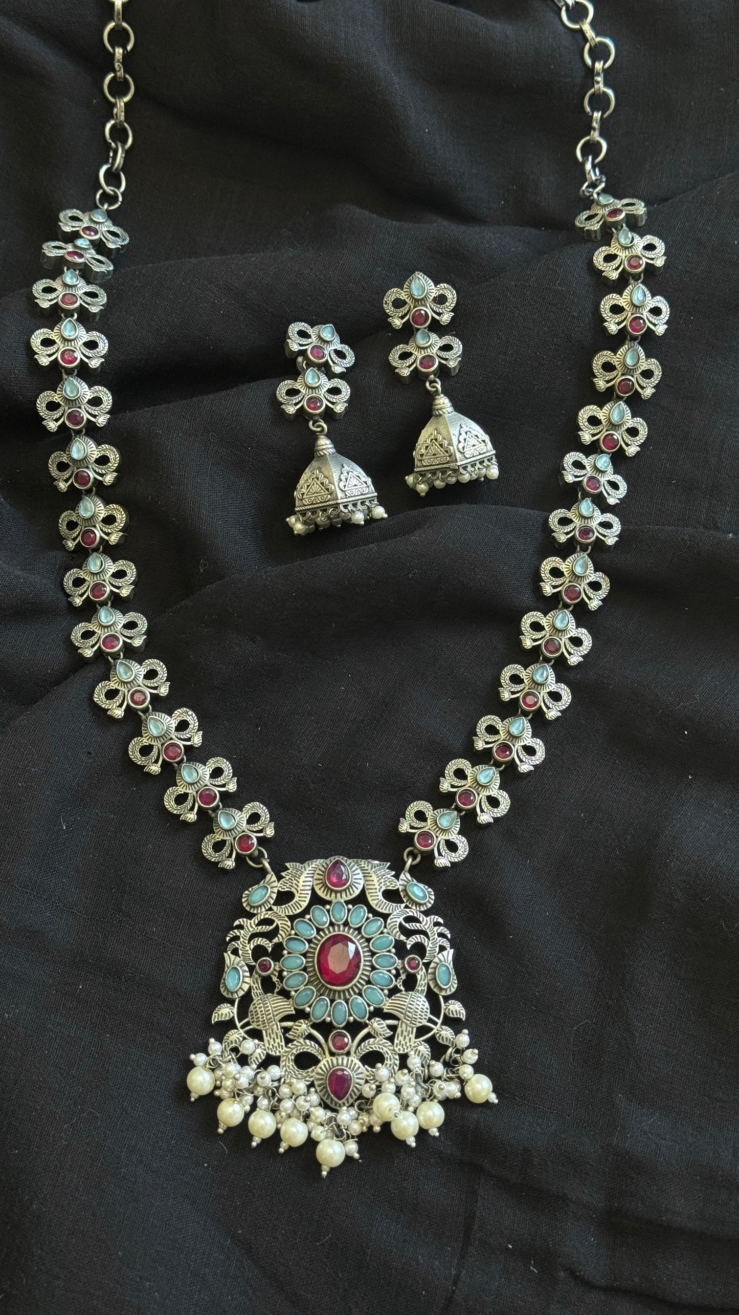 Long haram - turquoise & red with pearls, long jhumka
