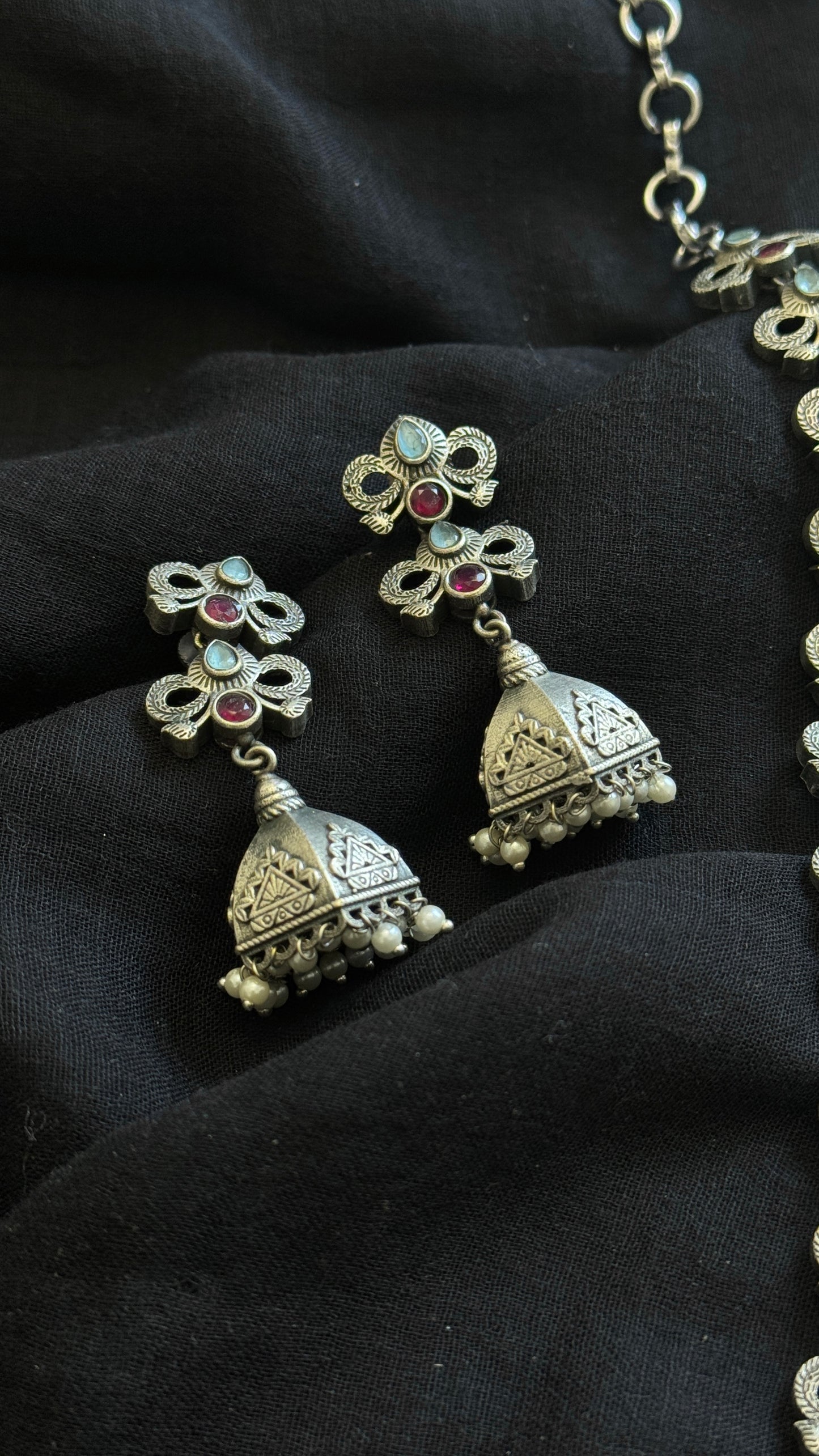 Long haram - turquoise & red with pearls, long jhumka