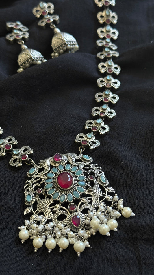 Long haram - turquoise & red with pearls, long jhumka