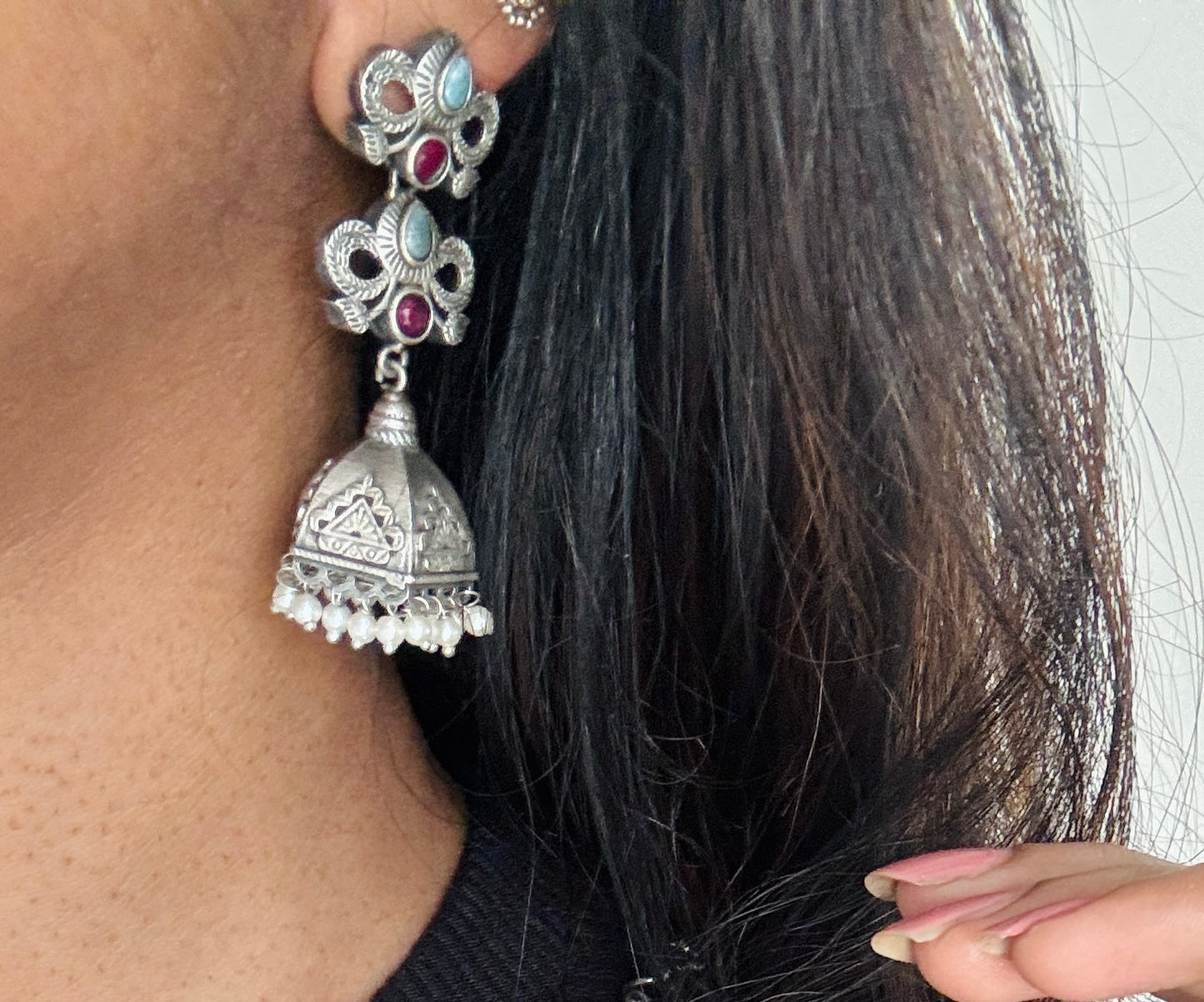 Long haram - turquoise & red with pearls, long jhumka