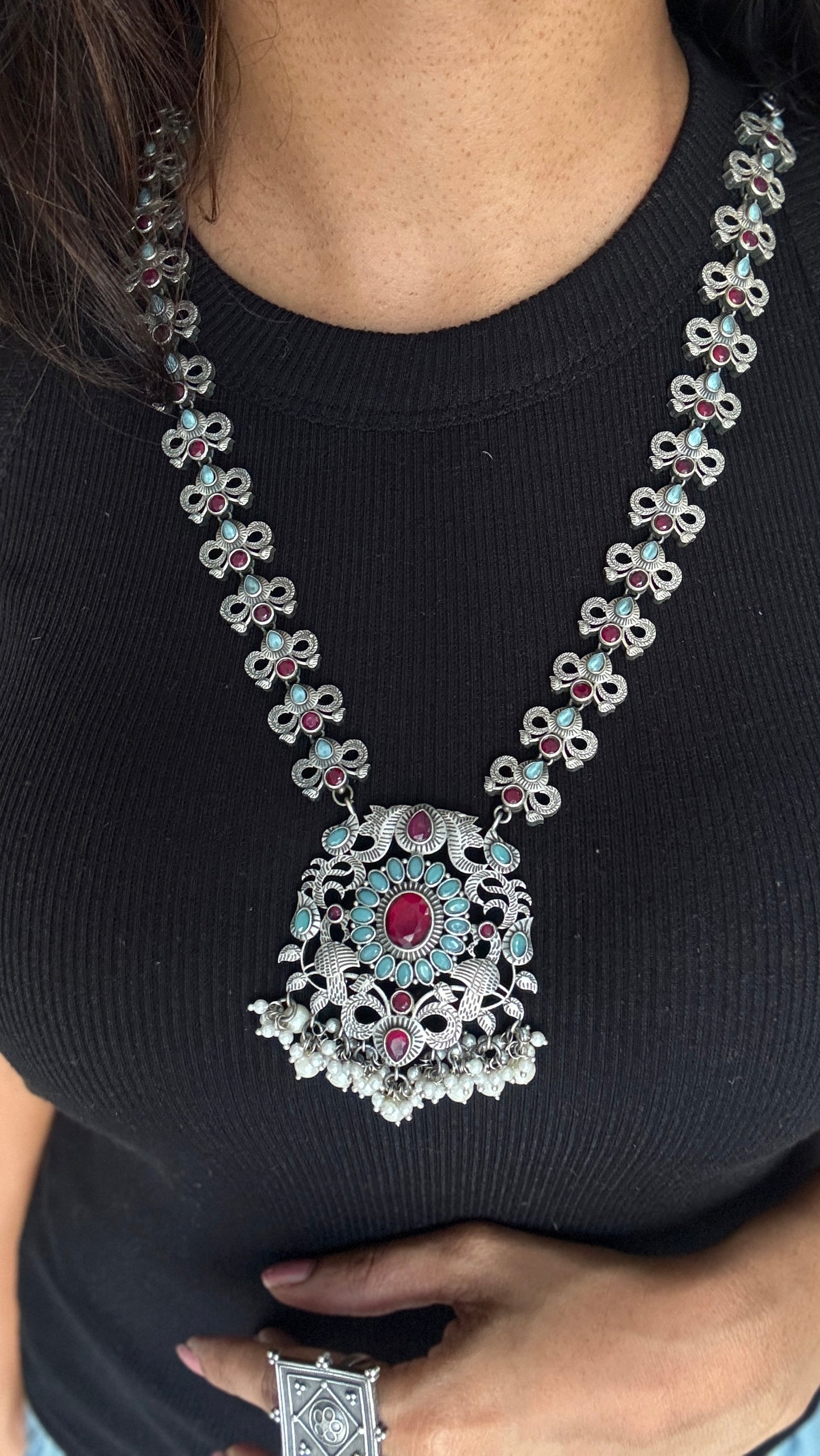 Long haram - turquoise & red with pearls, long jhumka