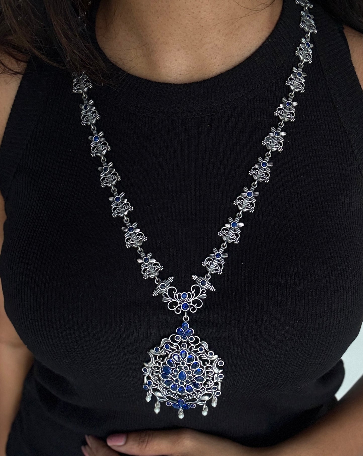 Long haram - silver & blue, with dangler earring