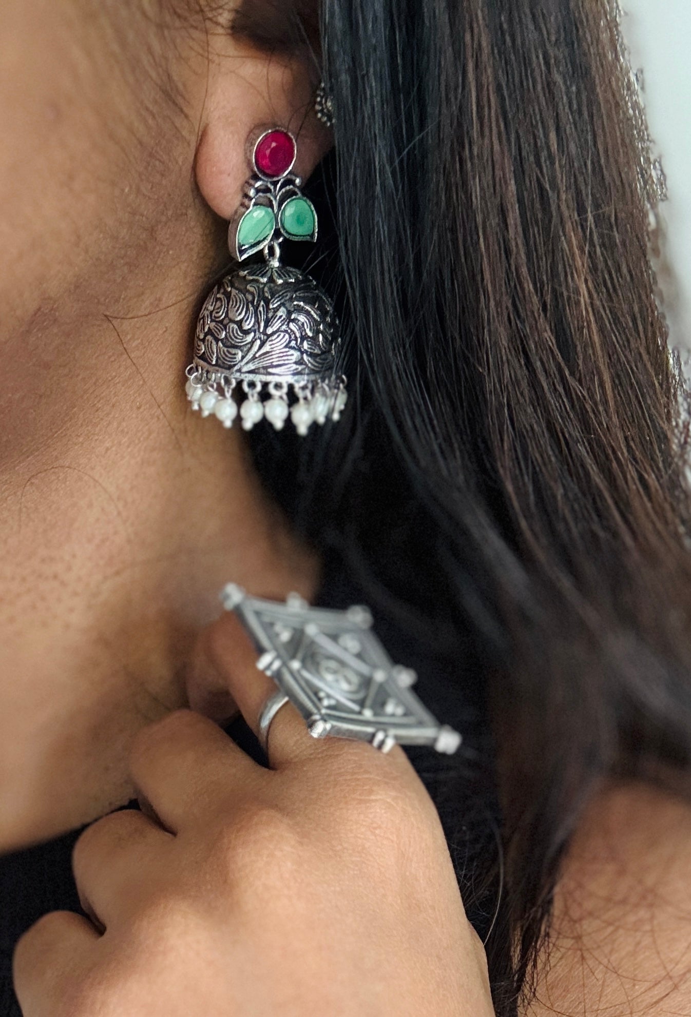 Small Jhumka - Silver, dark pink & mint stones