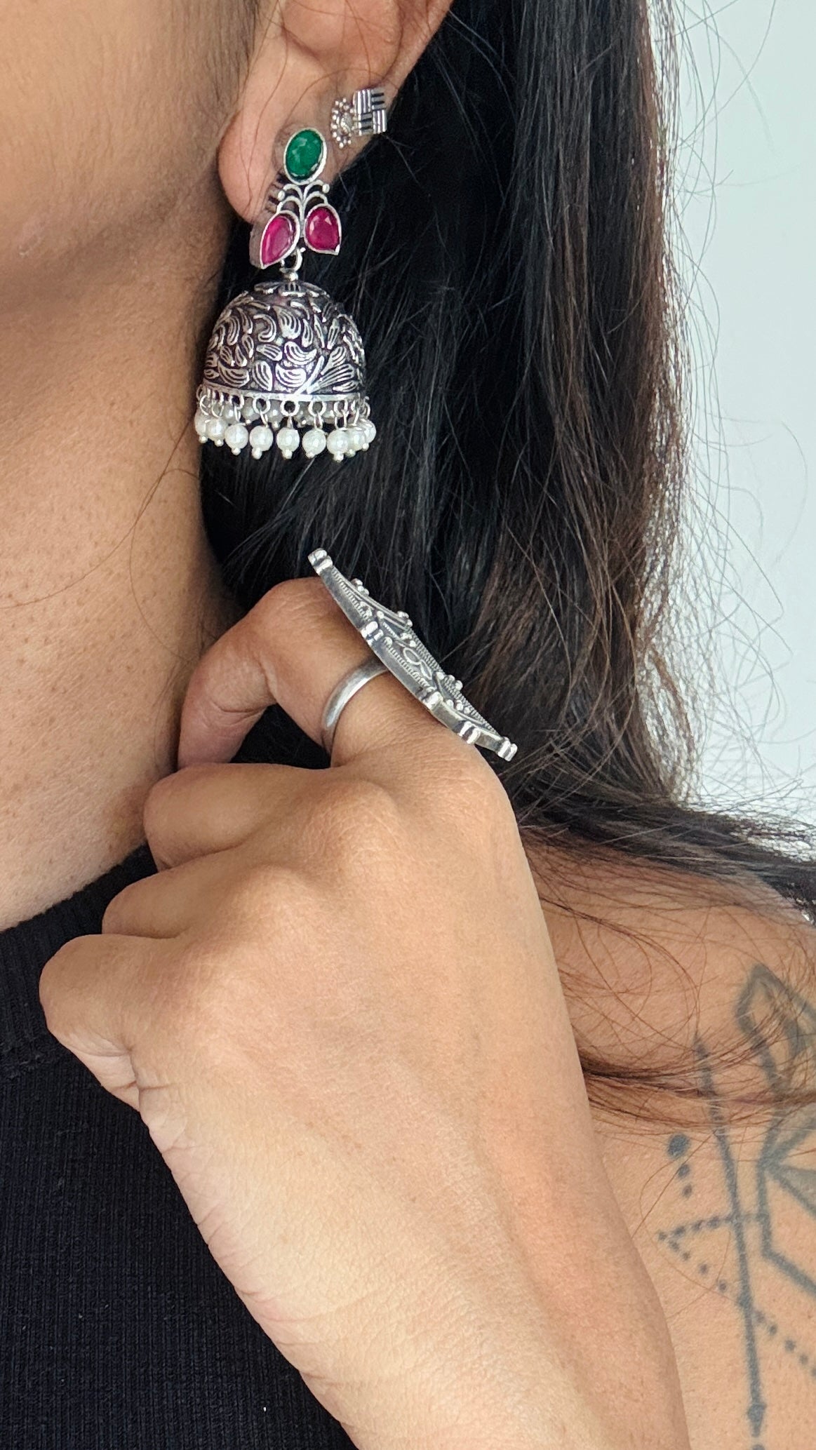Small Jhumka - Silver, dark pink & green stones
