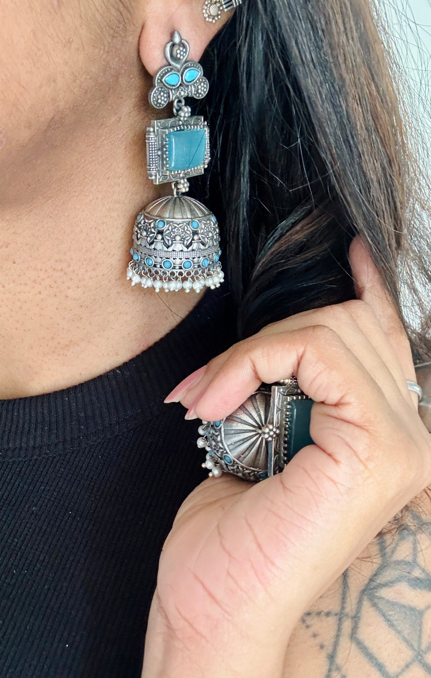 Heavy Jhumka - Silver & aqua blue