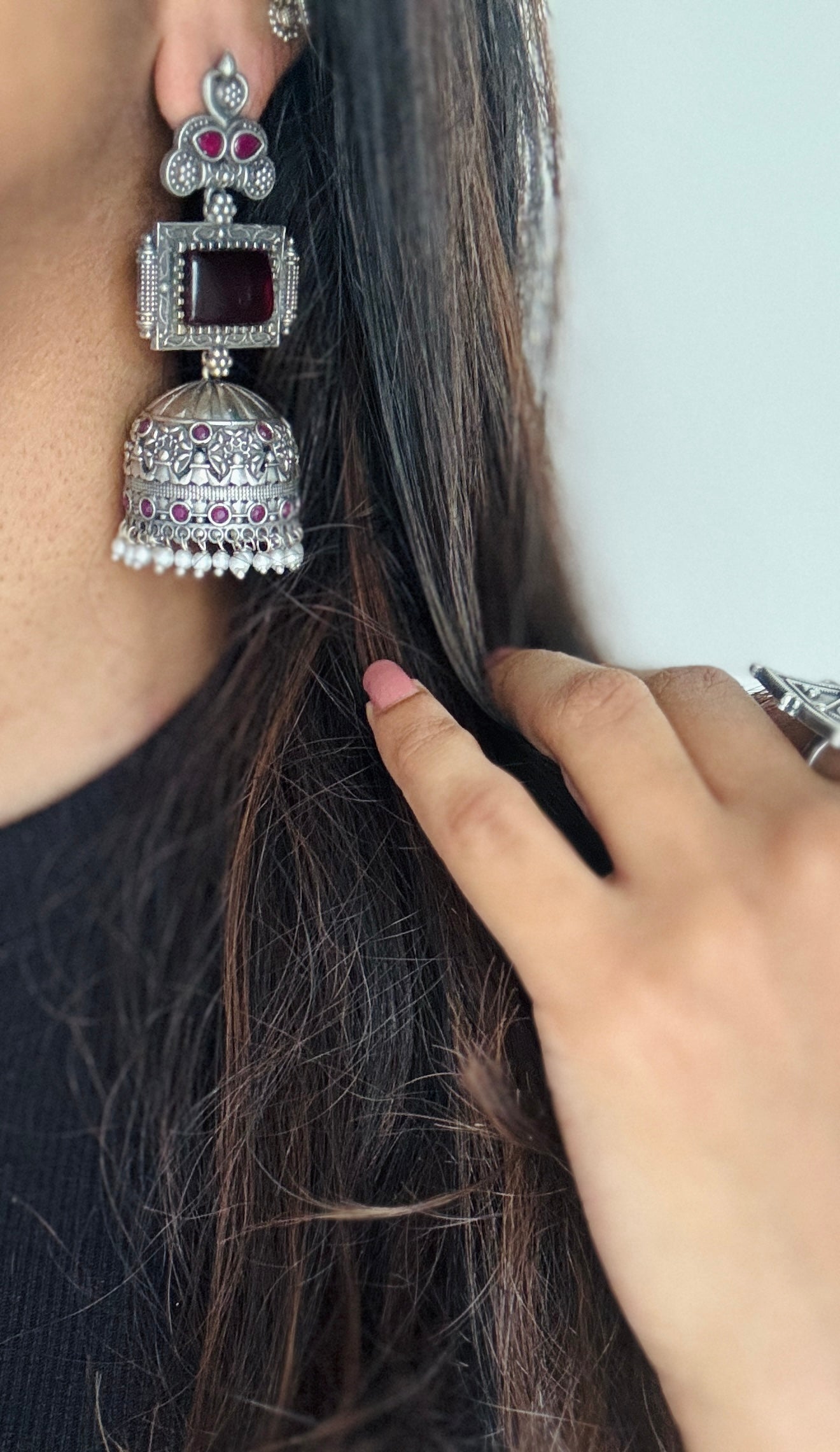Heavy Jhumka - Silver & red