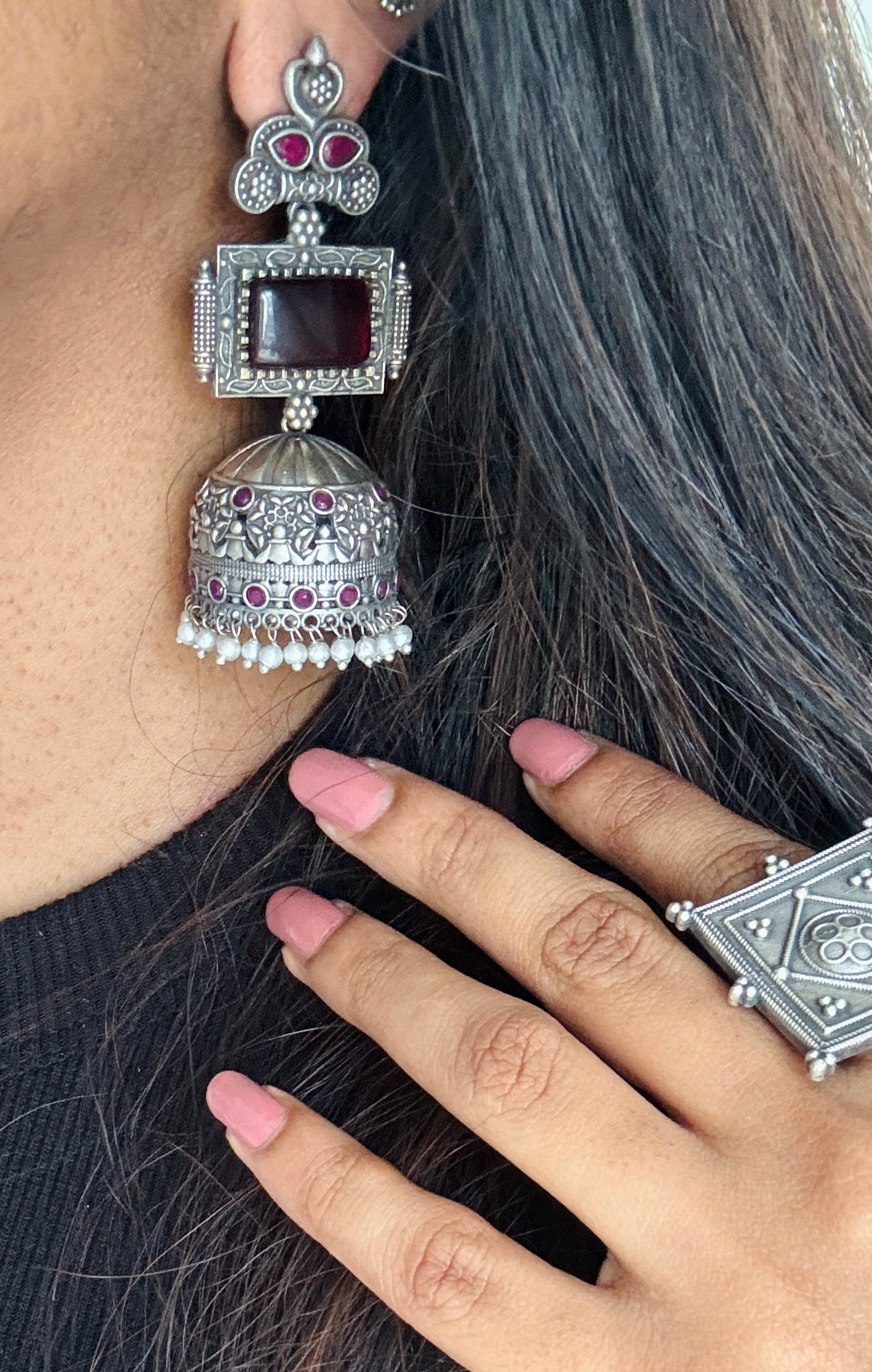 Heavy Jhumka - Silver & red