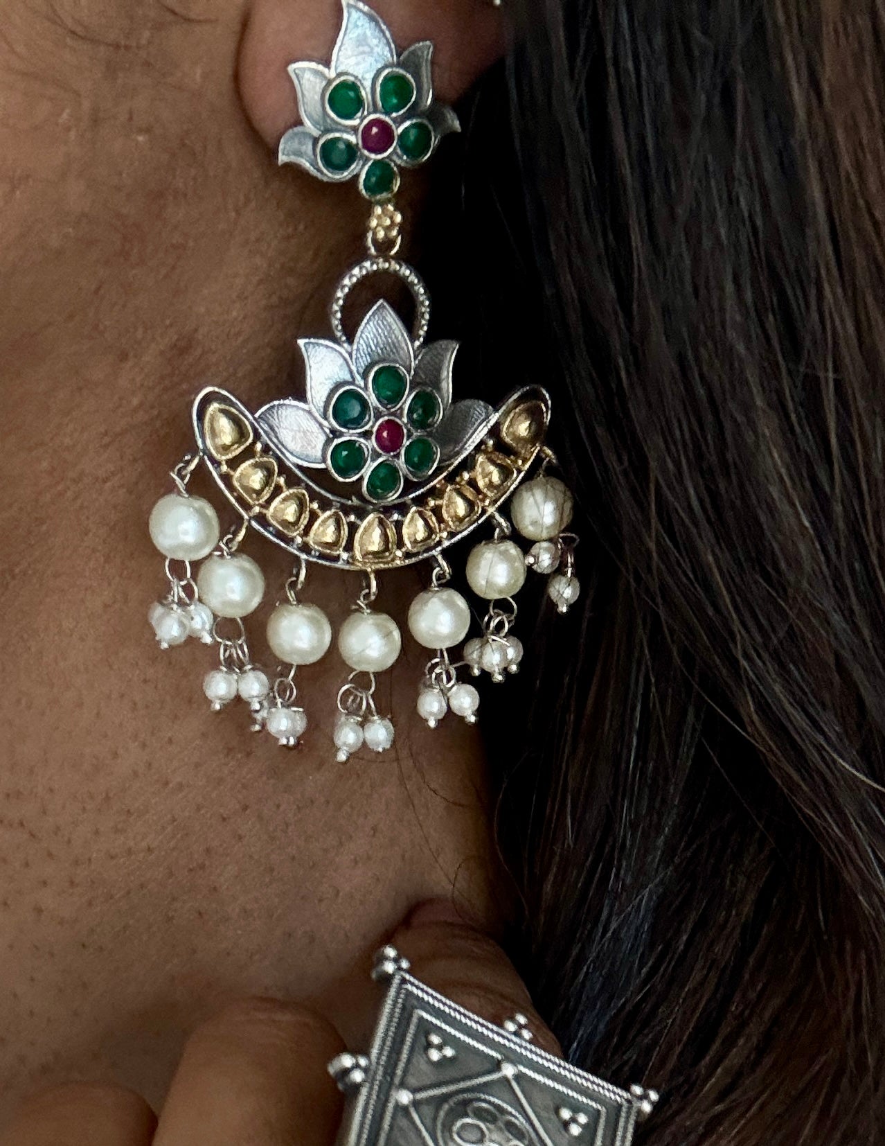 Double Tone Danglers - Silver & gold - green & red with pearl hangings - YCOSED33