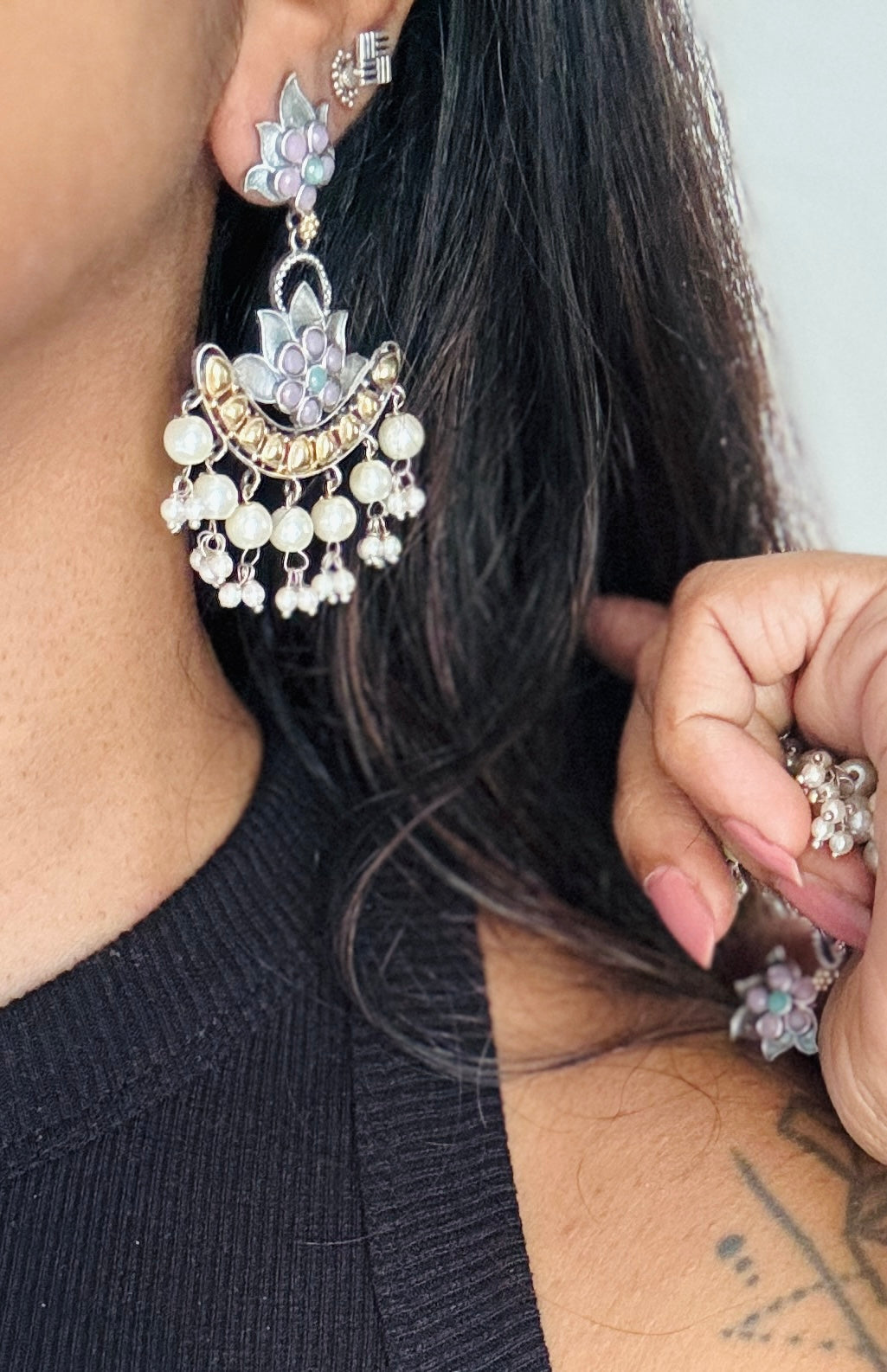 Double Tone Danglers - Silver & gold - pastel pink with pearl hangings