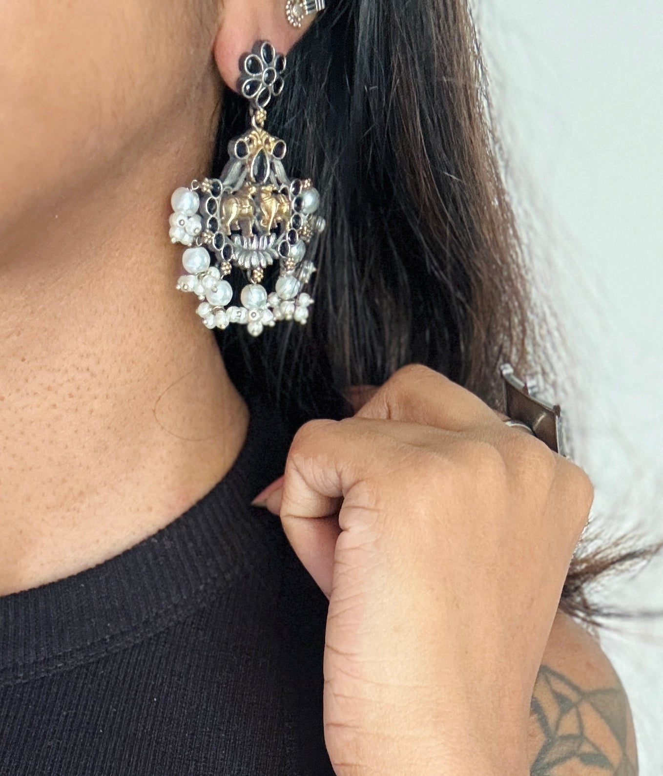 Double Tone Danglers - Silver & gold - black with pearl hangings