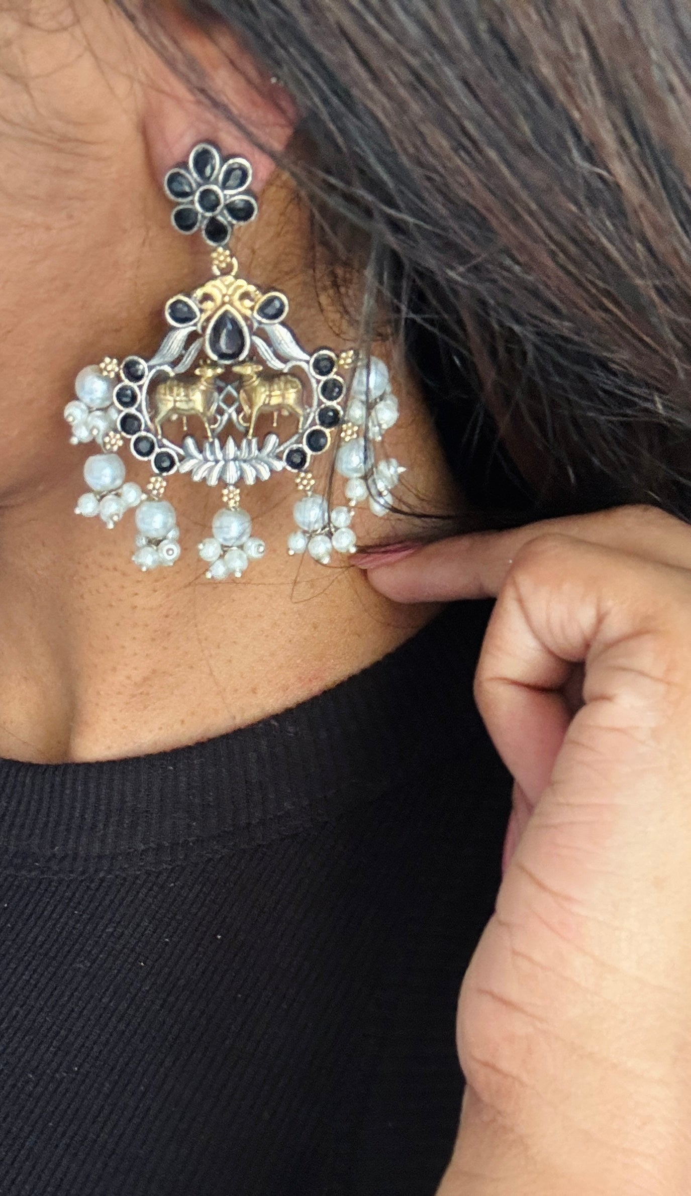 Double Tone Danglers - Silver & gold - black with pearl hangings