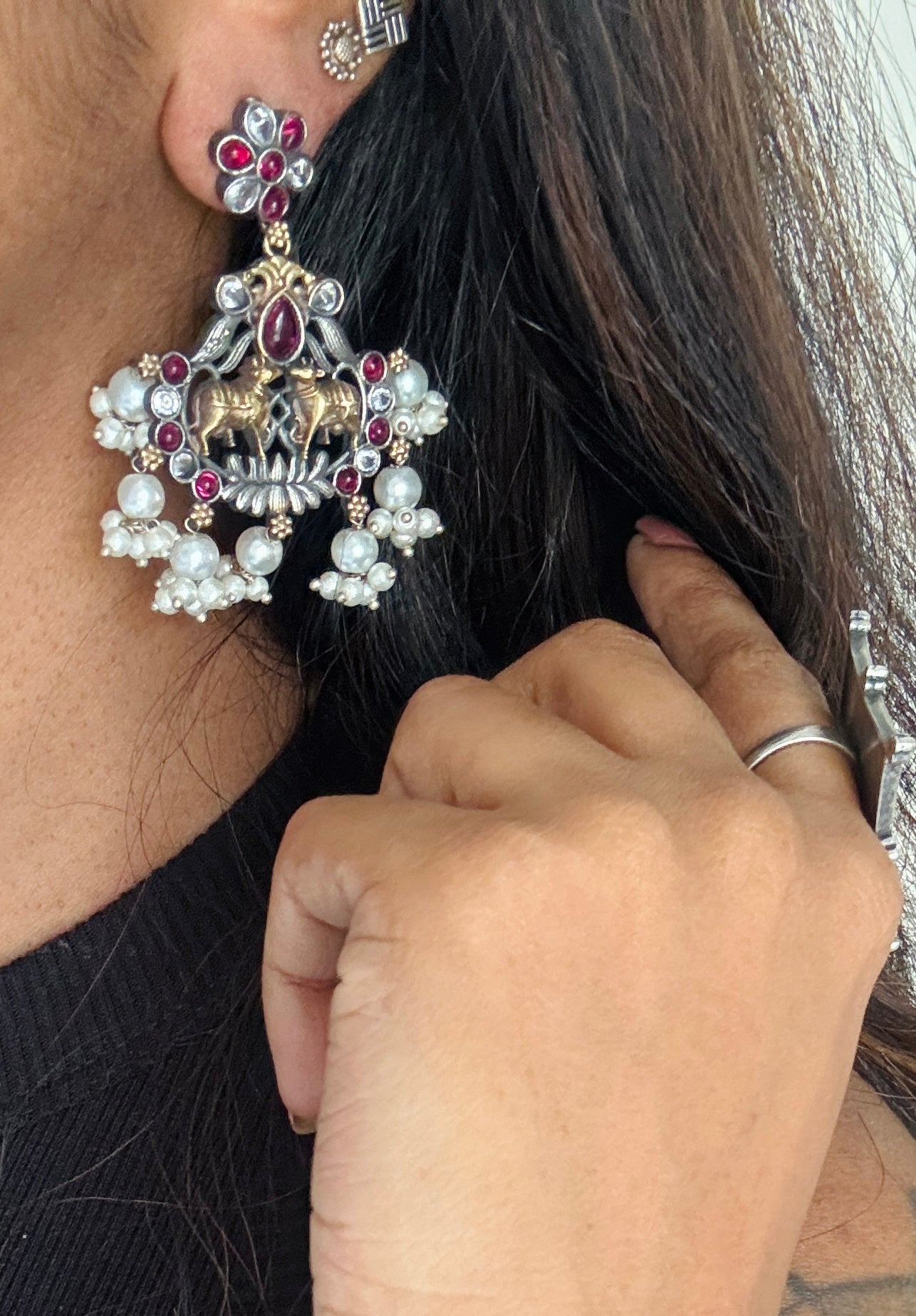 Double Tone Danglers - Silver & gold - dark pink with pearl hangings