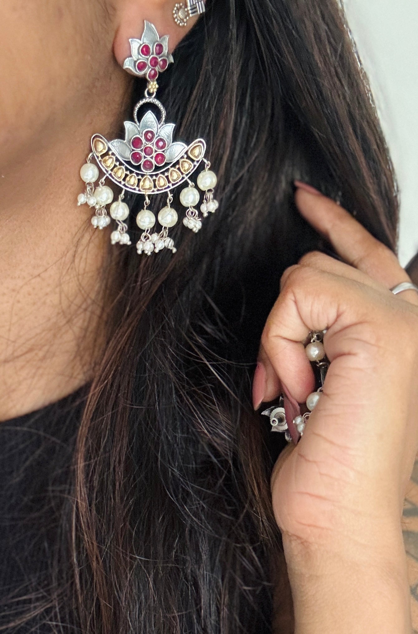 Double Tone Danglers - Silver & gold - dark pink with pearl hangings - YCOSED34