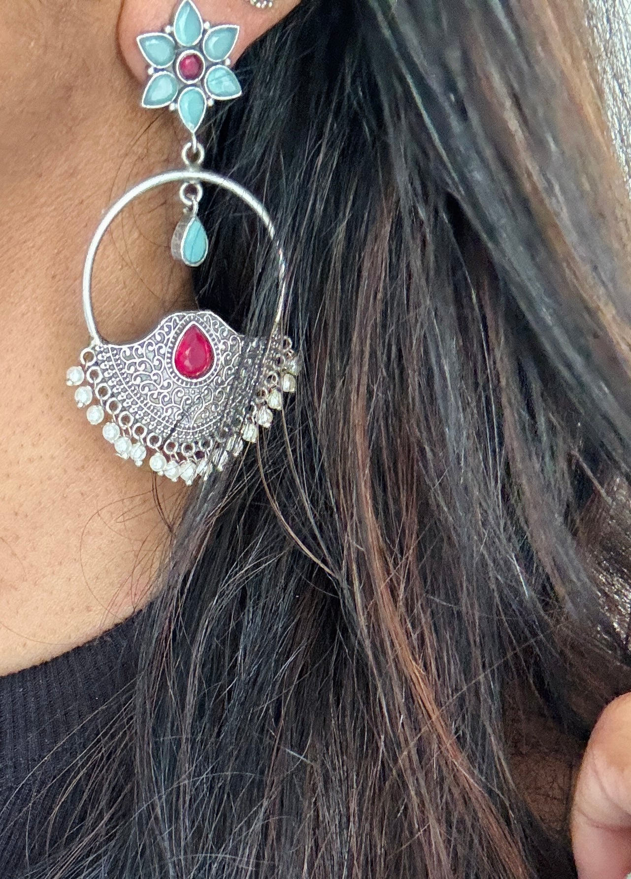 Dangler loop earrings - silver, turquoise & red - YCOSED23