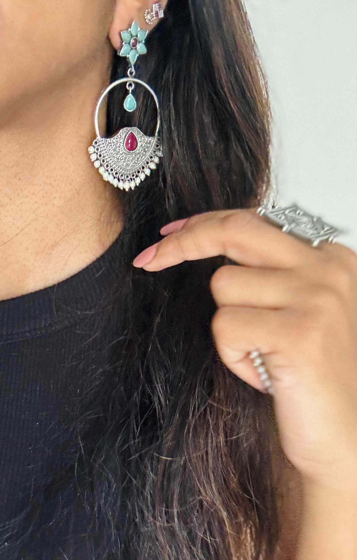 Dangler loop earrings - silver, turquoise & red - YCOSED23