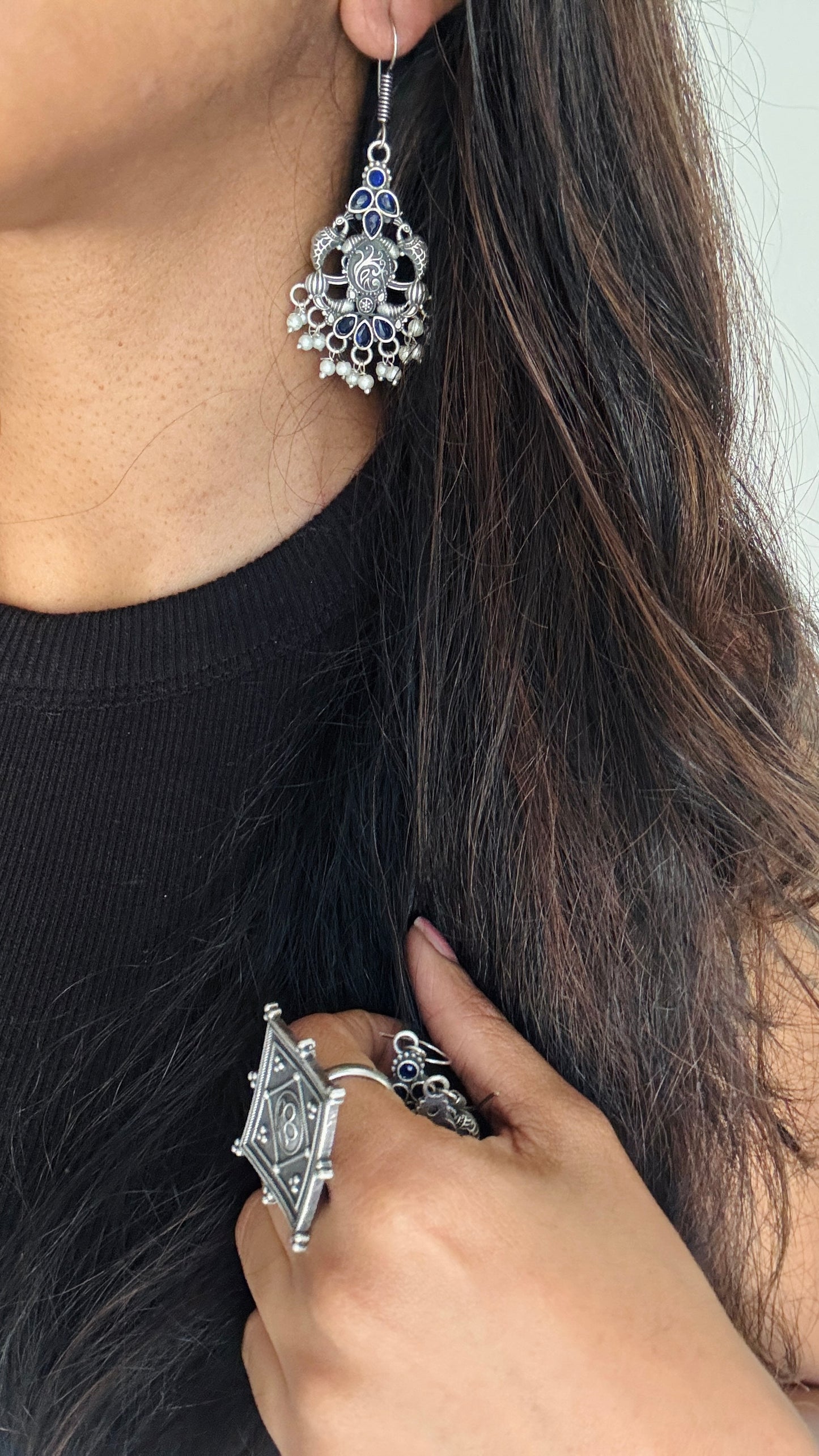 Hanging earrings - silver & dark blue