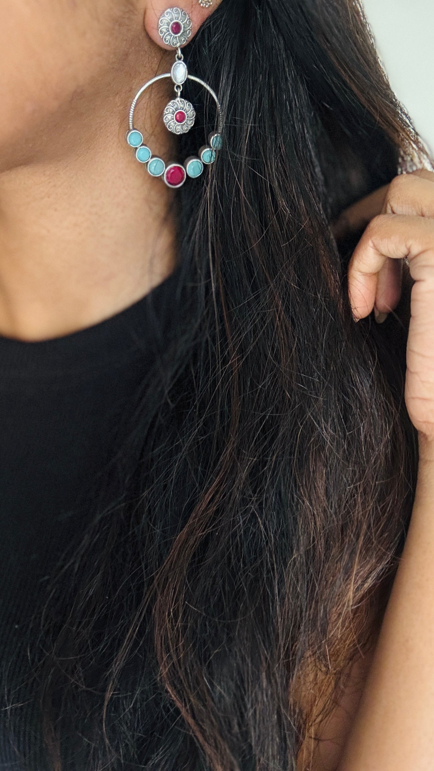 Dangler loop earrings - silver,turquoise & red stones