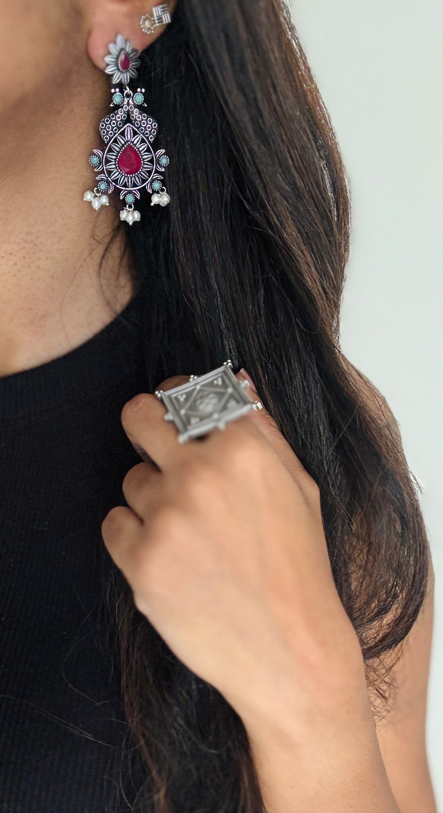 Dangler earrings - silver & dark pink