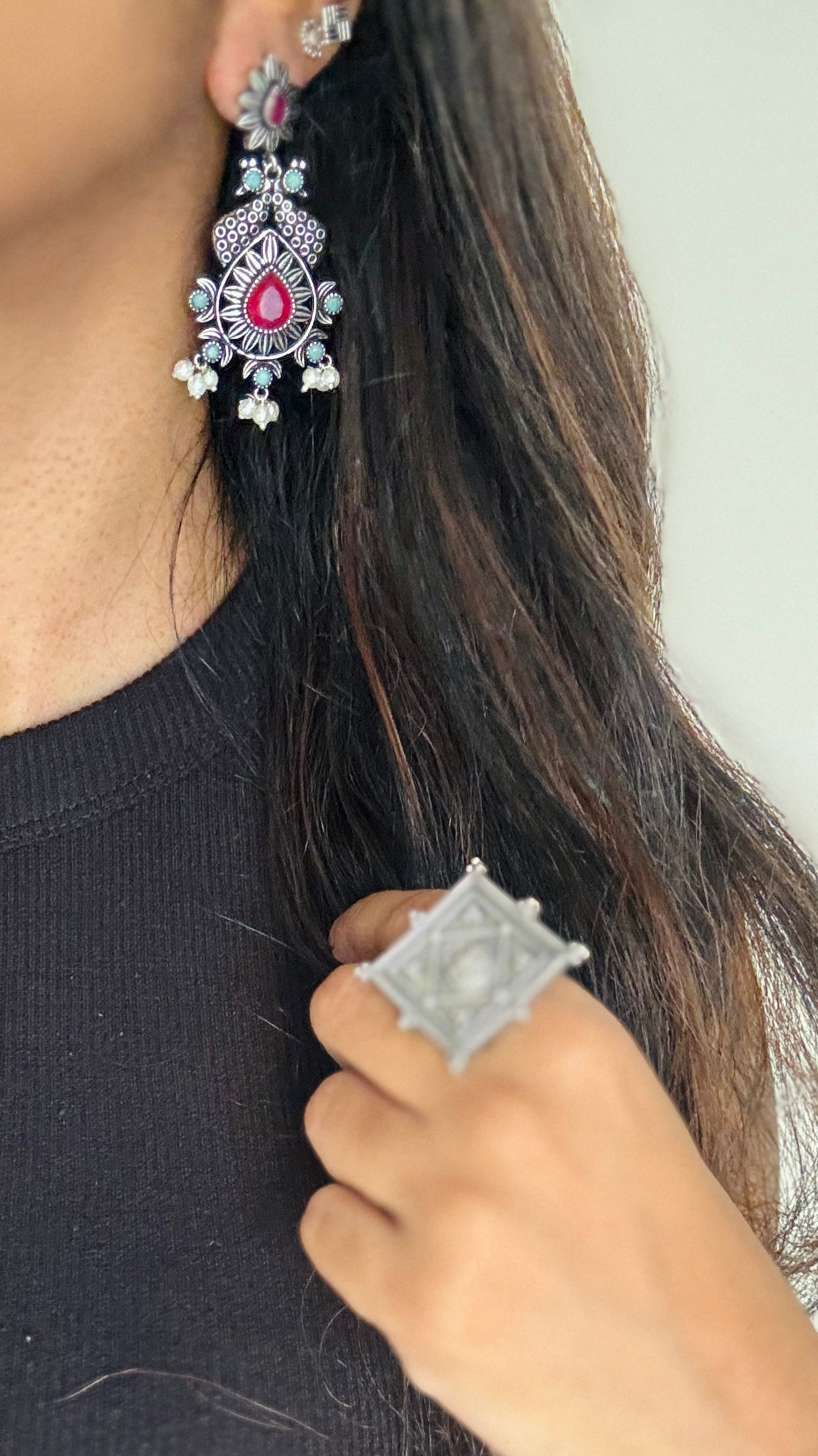 Dangler earrings - silver & dark pink
