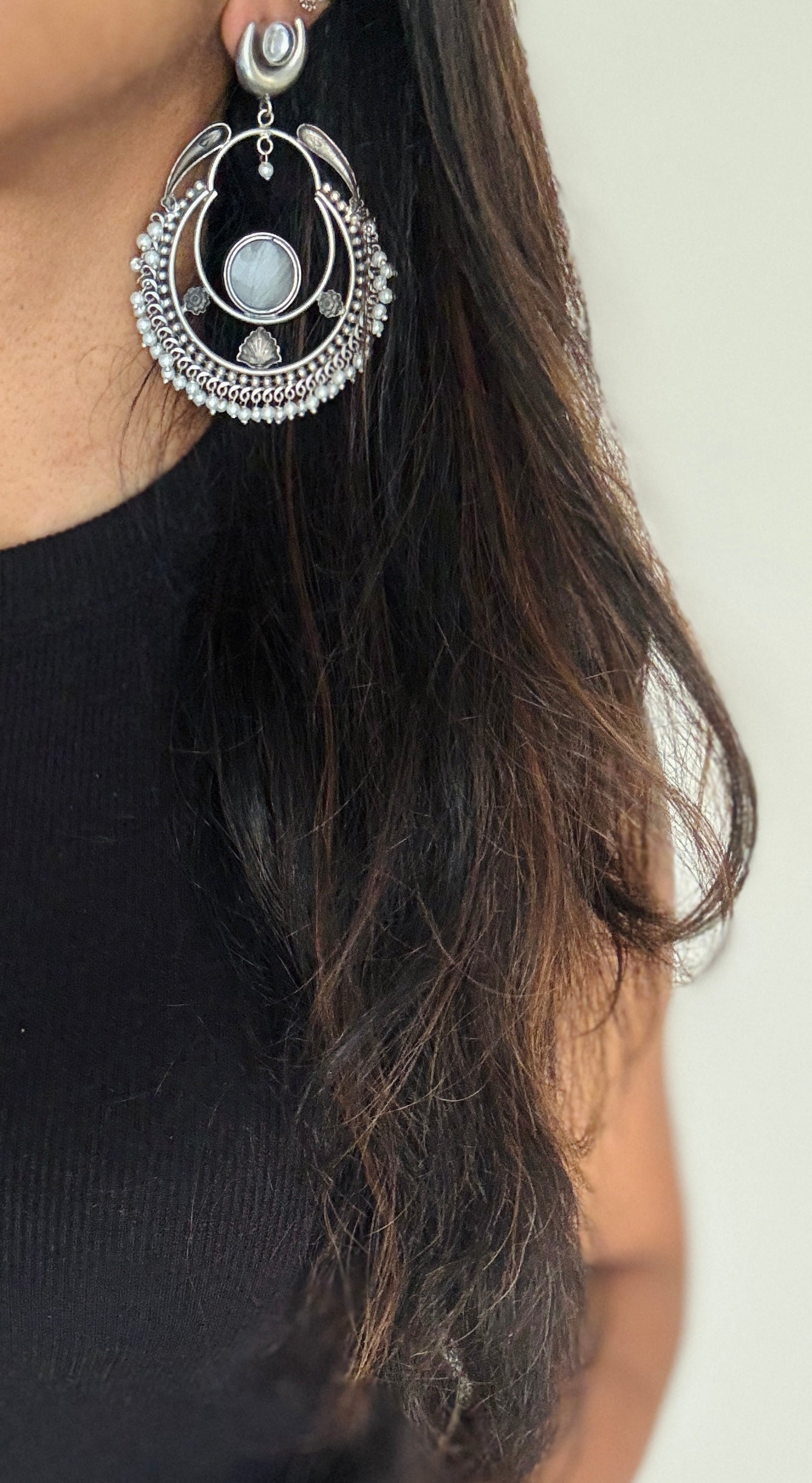 Handmade Chandbali with Pearl Beads - grey - YCOSEC17