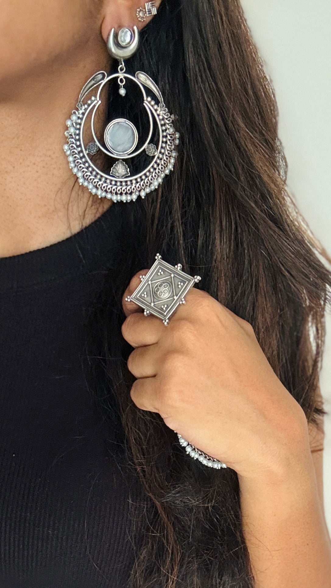 Handmade Chandbali with Pearl Beads - grey - YCOSEC17