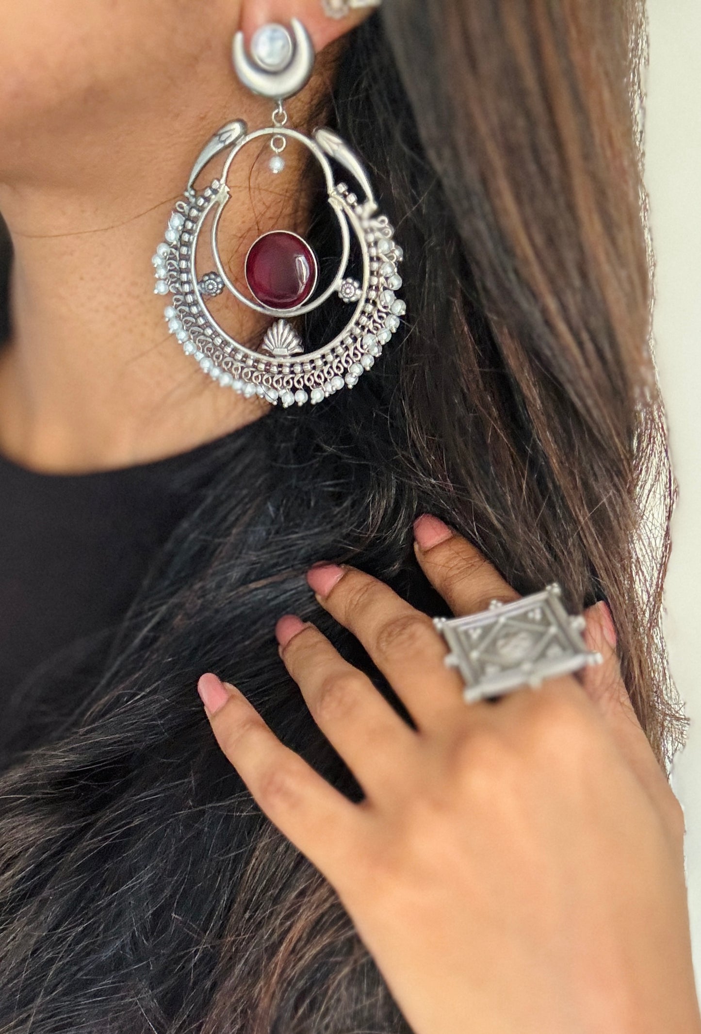 Handmade Chandbali with Pearl Beads - red - YCOSEC04