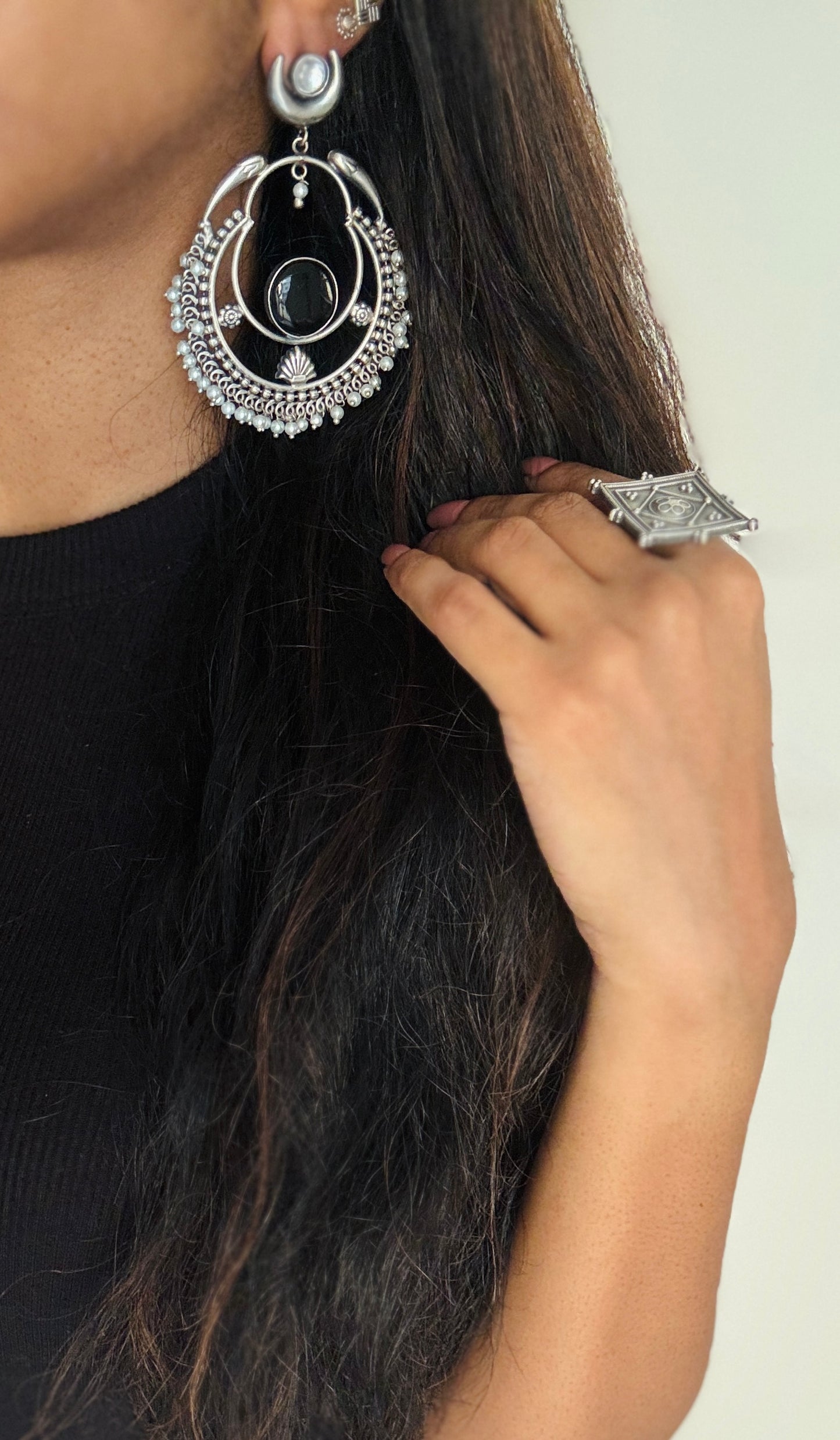 Handmade Chandbali with Pearl Beads - black - YCOSEC18
