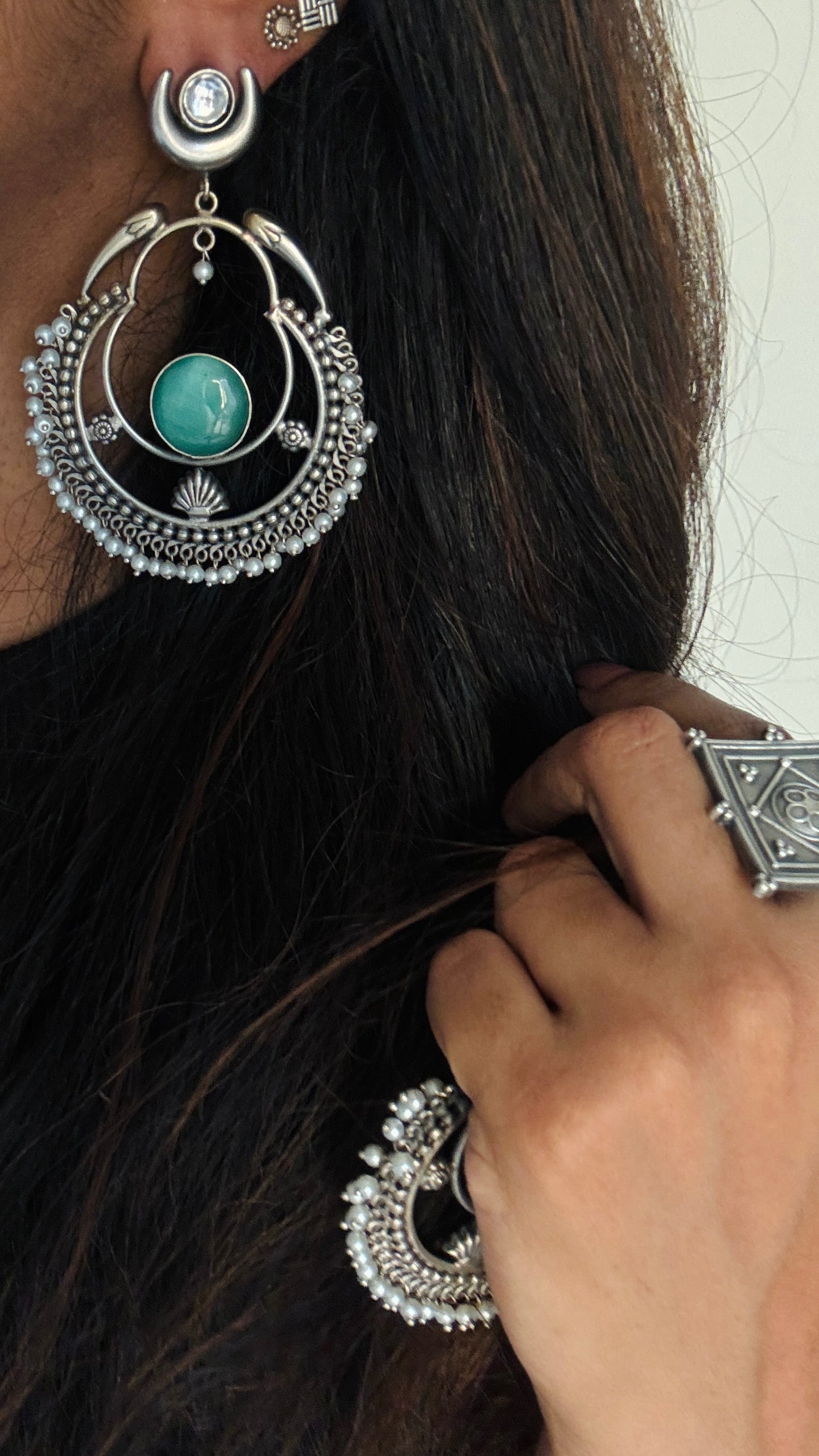 Handmade Chandbali with Pearl Beads - mint - YCOSEC13