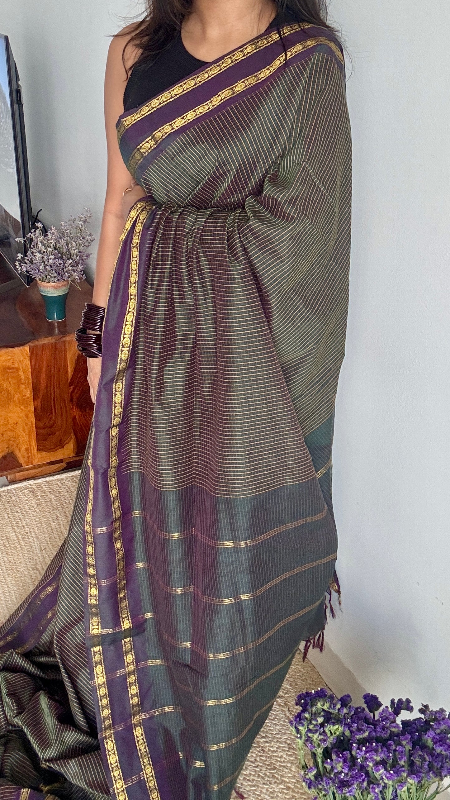 Dark Purple Green, Double Shade - Arani Checks in cotton silk