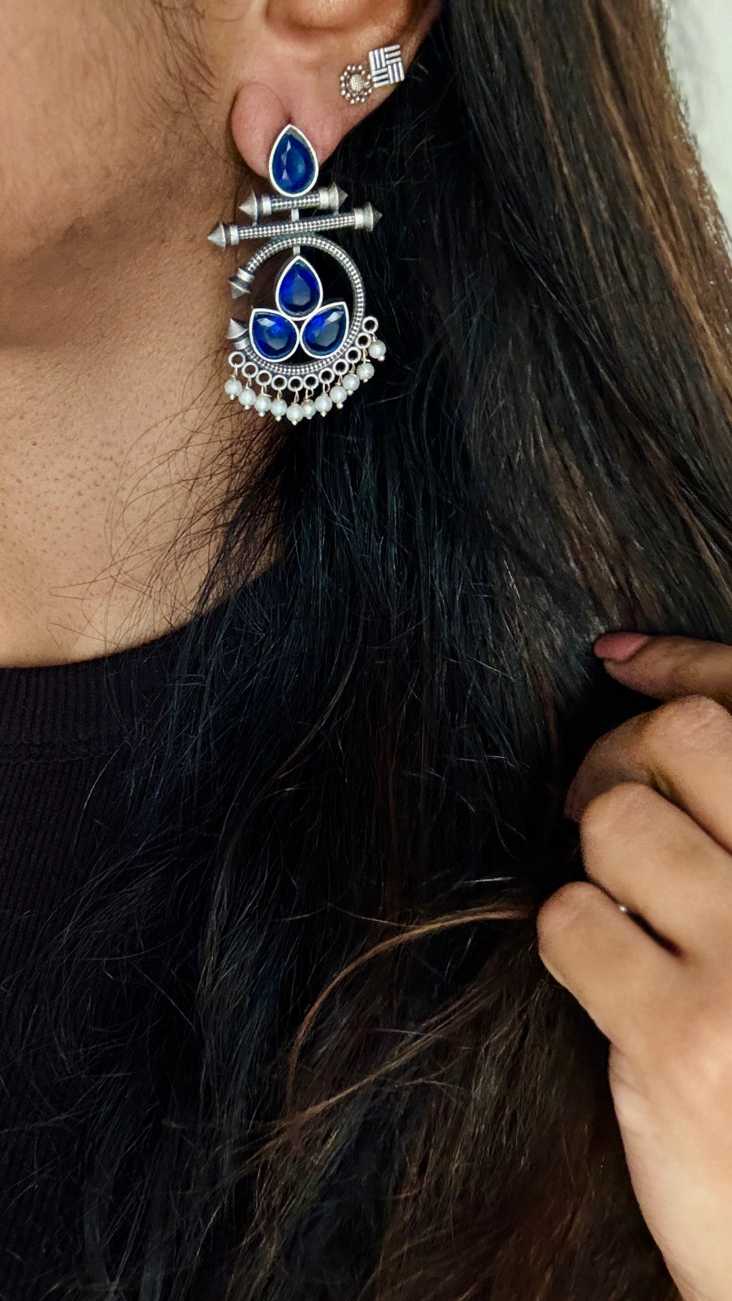 Dangler earrings - silver & dark blue