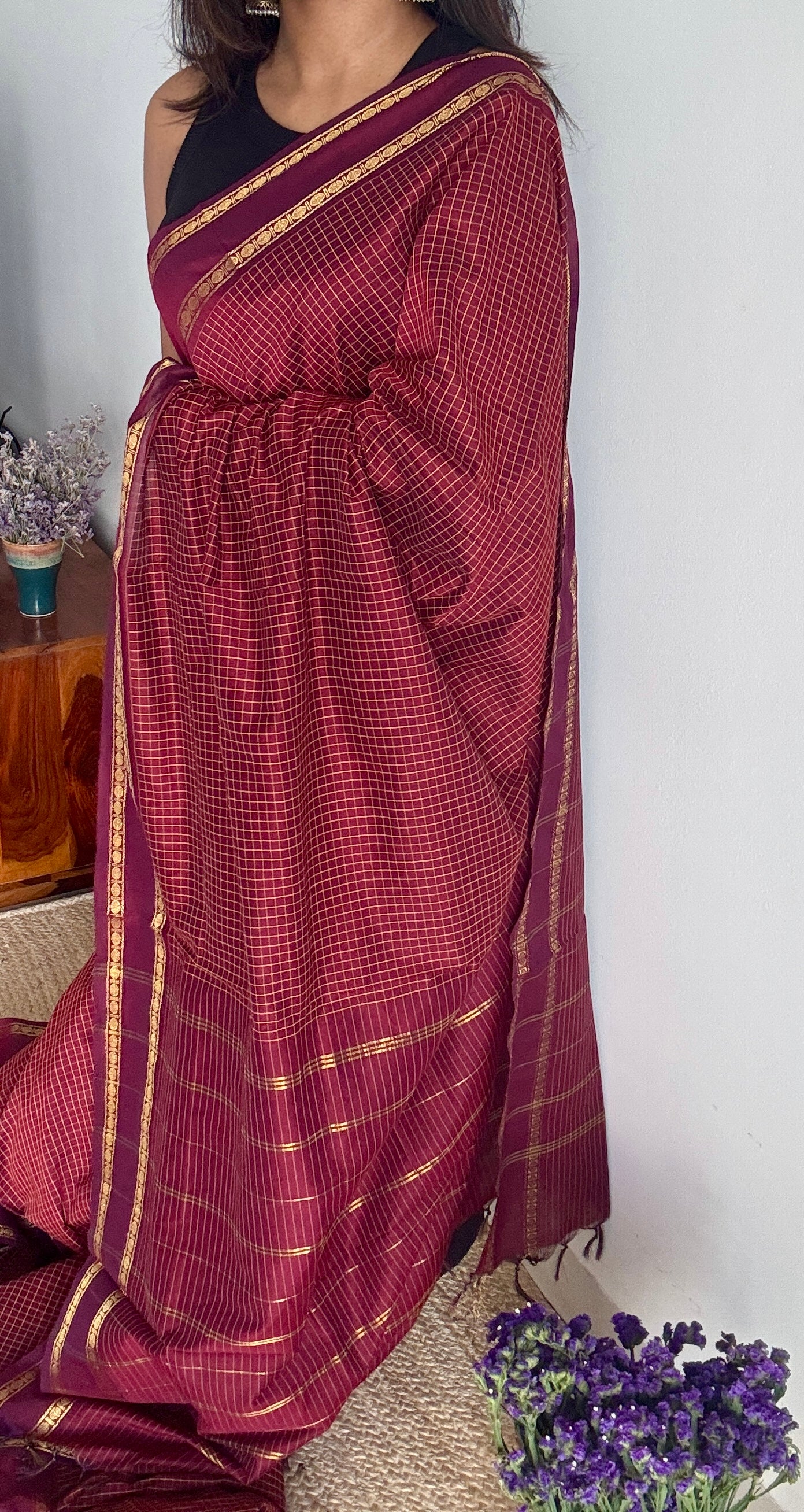 Maroon - Arani Checks in cotton silk