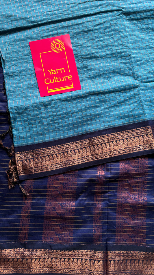 Light Blue - Dark Blue, Checks - Kalyani Cotton Silk - YCCOTNKCSC03