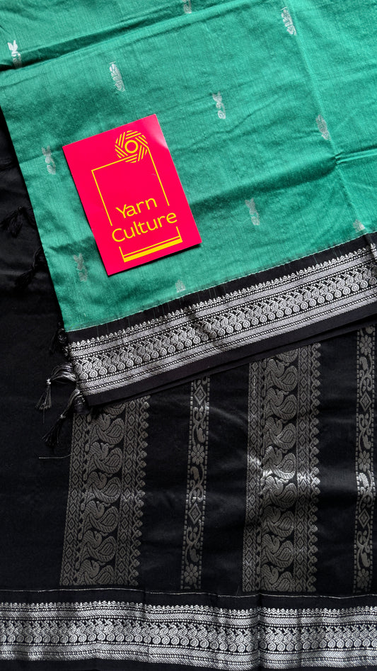Dark Mint Green - Black, Silver Zari - Kalyani Cotton Silk - YCCOTNKCSB05