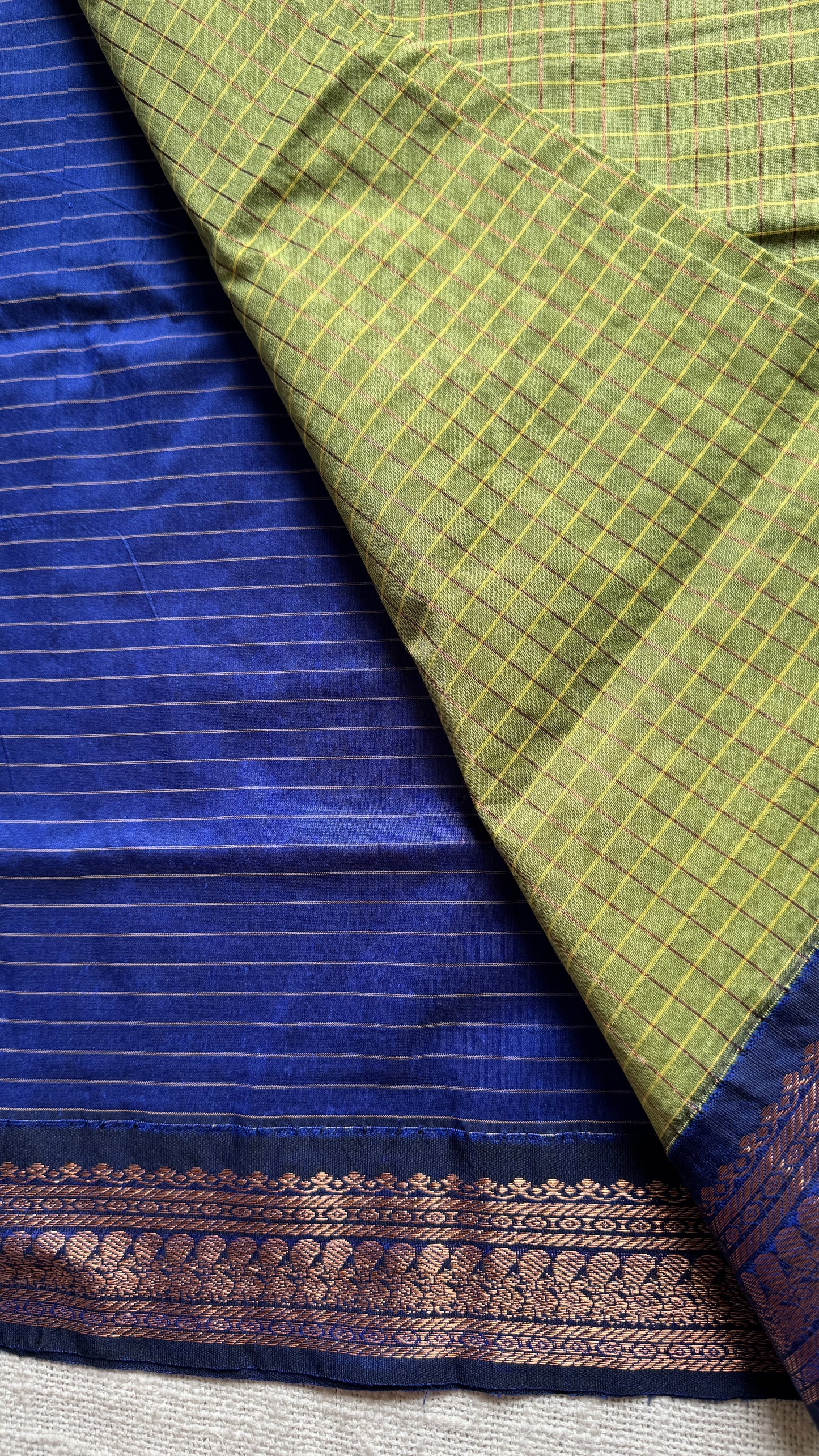 Light Green - Royal Blue, Checks - Kalyani Cotton Silk - YCCOTNKCSC04