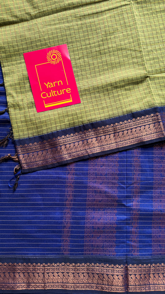Light Green - Royal Blue, Checks - Kalyani Cotton Silk - YCCOTNKCSC04
