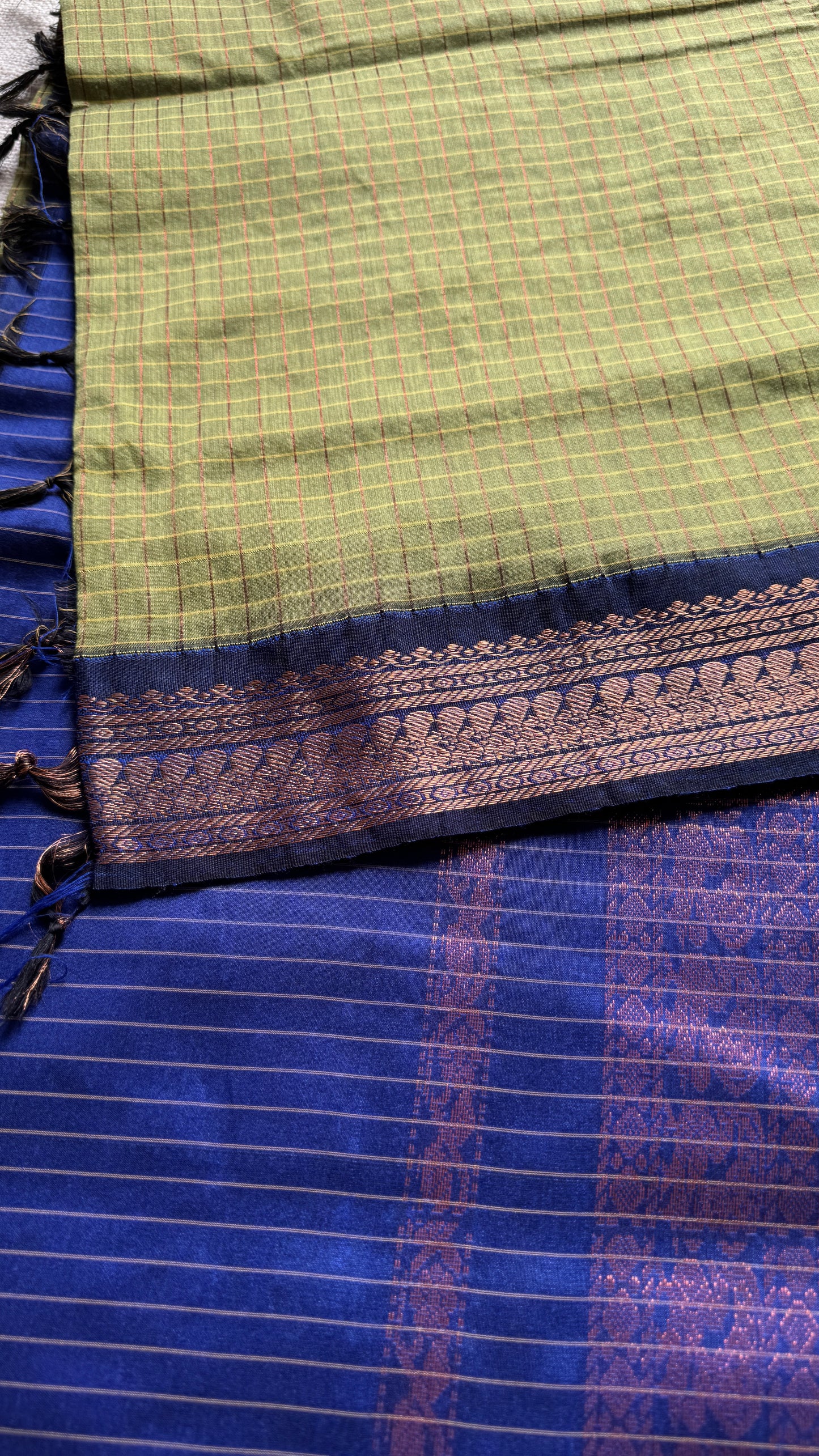 Light Green - Royal Blue, Checks - Kalyani Cotton Silk - YCCOTNKCSC04