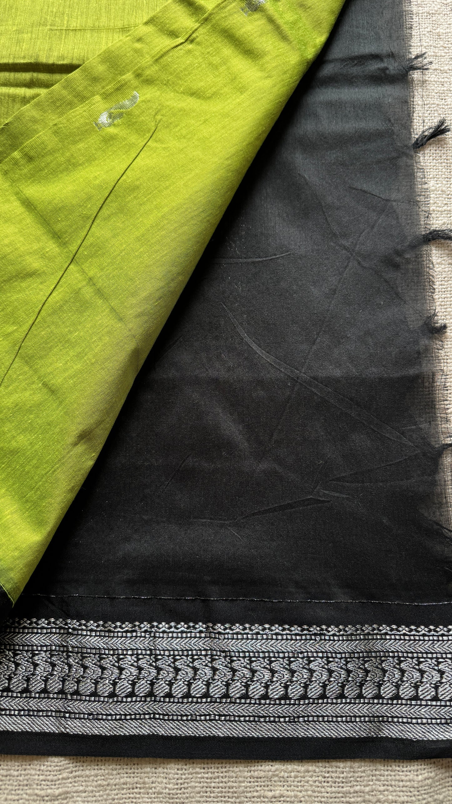 Bright Green - Black, Silver Zari - Kalyani Cotton Silk - YCCOTNKCSB04