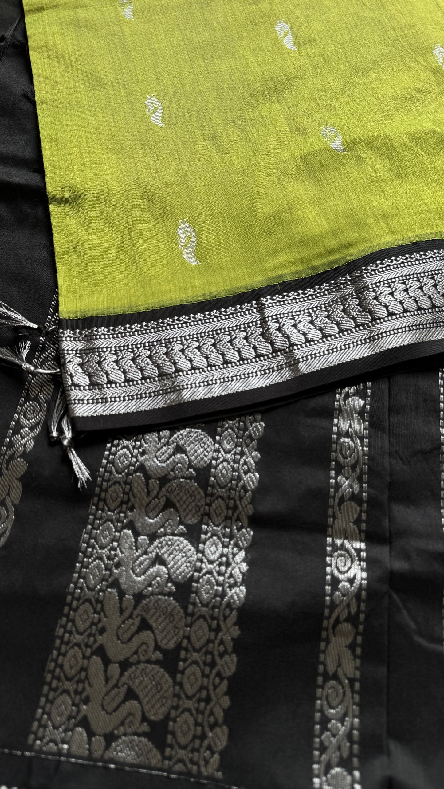Bright Green - Black, Silver Zari - Kalyani Cotton Silk - YCCOTNKCSB04