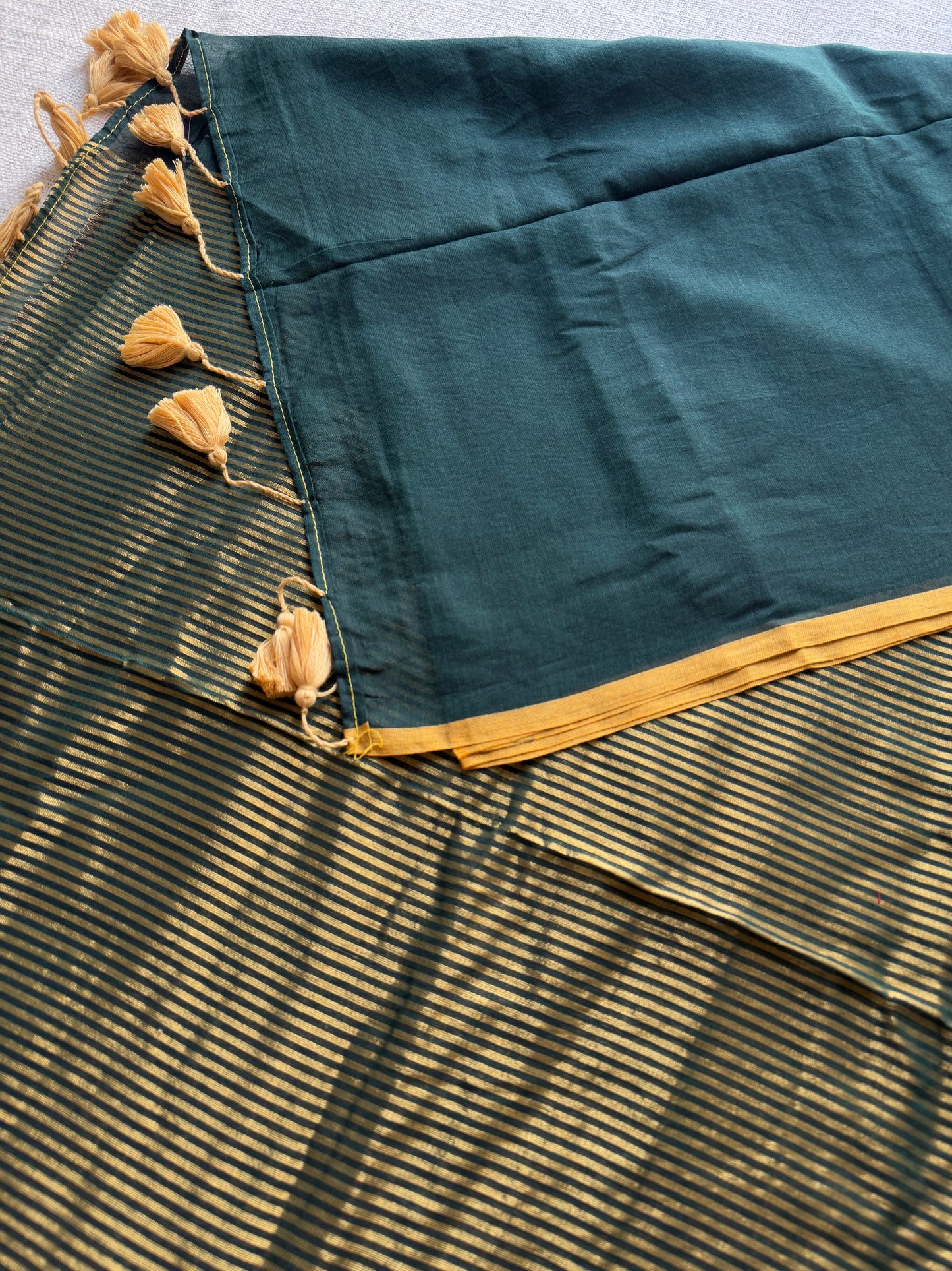 Dark green gold zari stripes - Mul Cotton YCBCBZS03